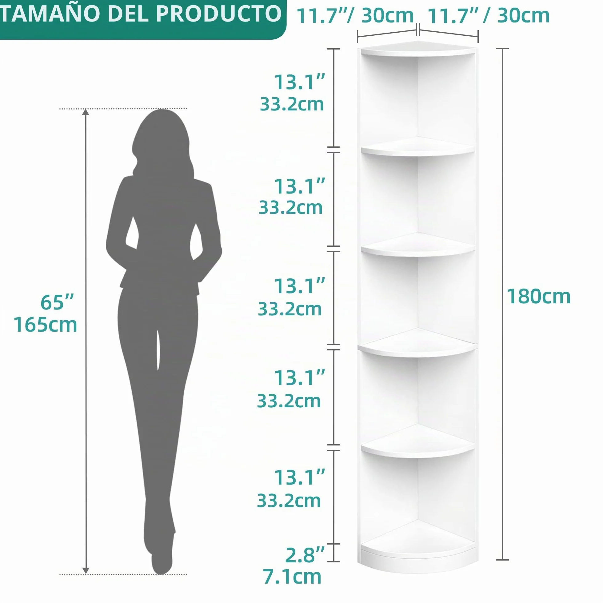 YITAHOME Estante de esquina de 5 niveles, estantería de esquina moderna de 70 pulgadas de alto, estantería de esquina de 5 estantes y estanterías, oficina en casa, color blanco