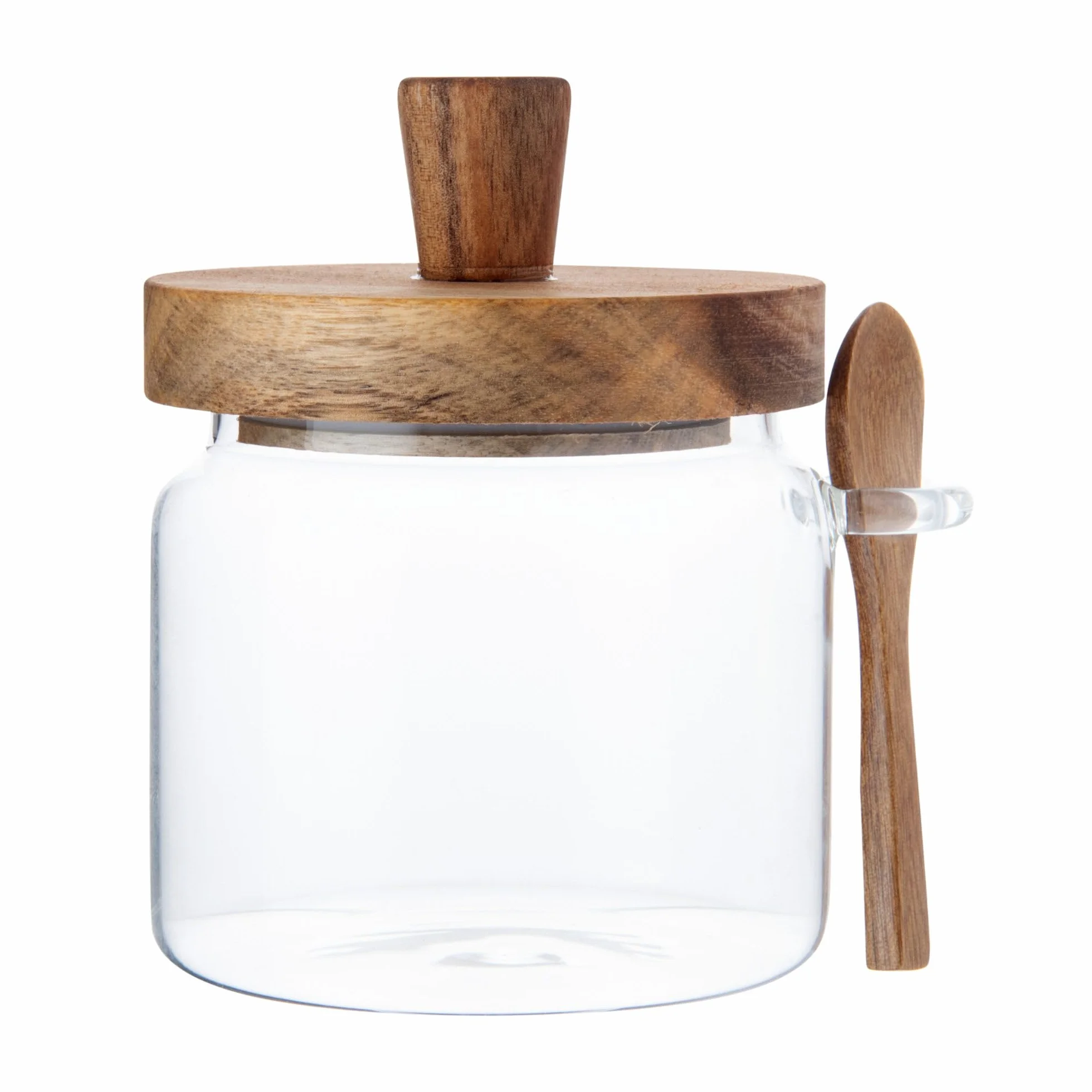 Restaurantware Vetri - Tarro de almacenamiento de vidrio de 17 onzas, con tapa de acacia, 3 1/4 pulgadas x 3 1/4 pulgadas x 5 pulgadas, 1 caja