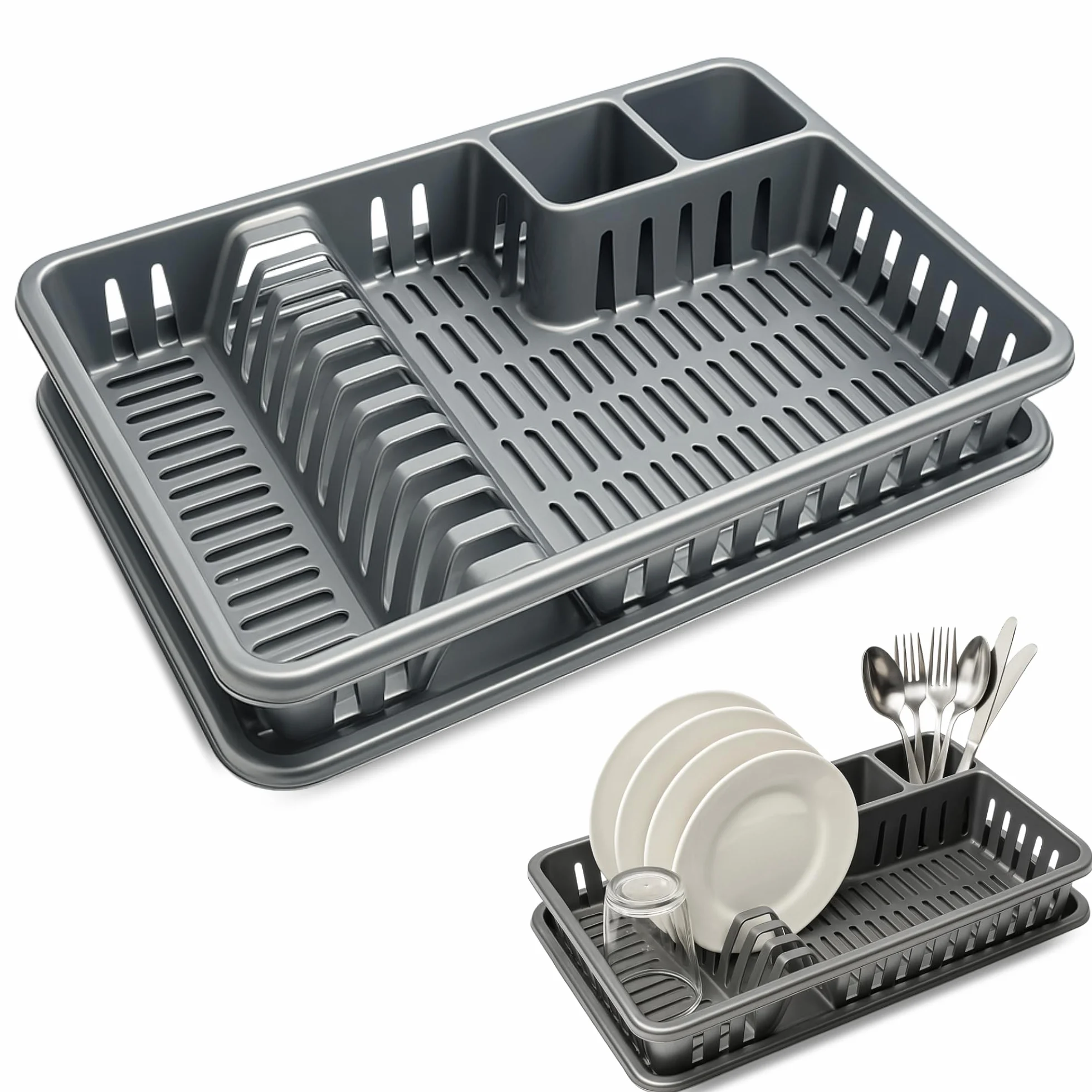 CHEFZOCO Escurreplato de plástico 45 cm de Ancho, Escurridor de Platos con Bandeja Anti-Goteo, Gris