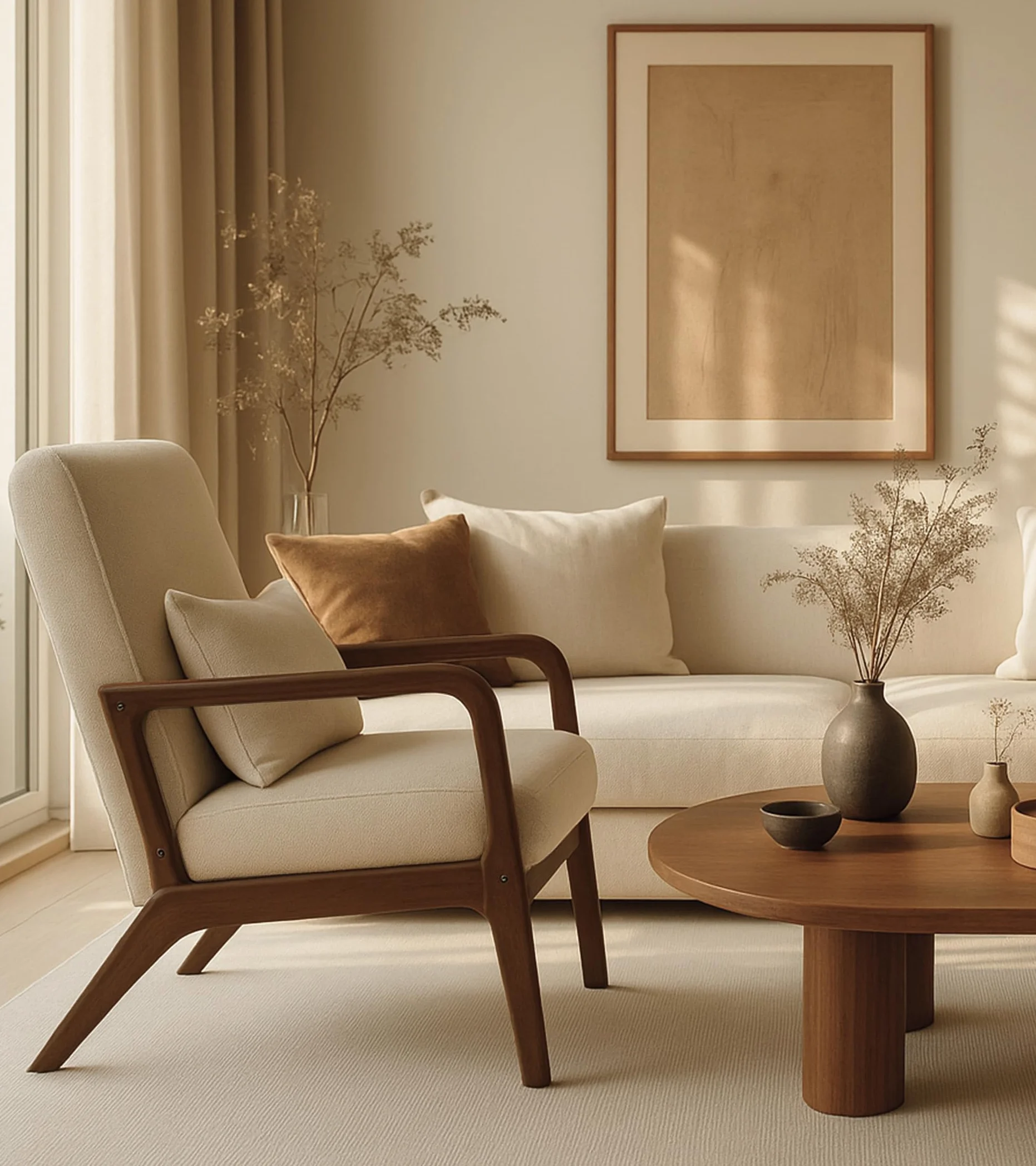 SWEET SOFA® - Butaca nórdica de Madera Maciza Nicole, tapizada Antimanchas, con cojín Incluido. 78x75x65cm (Beige)