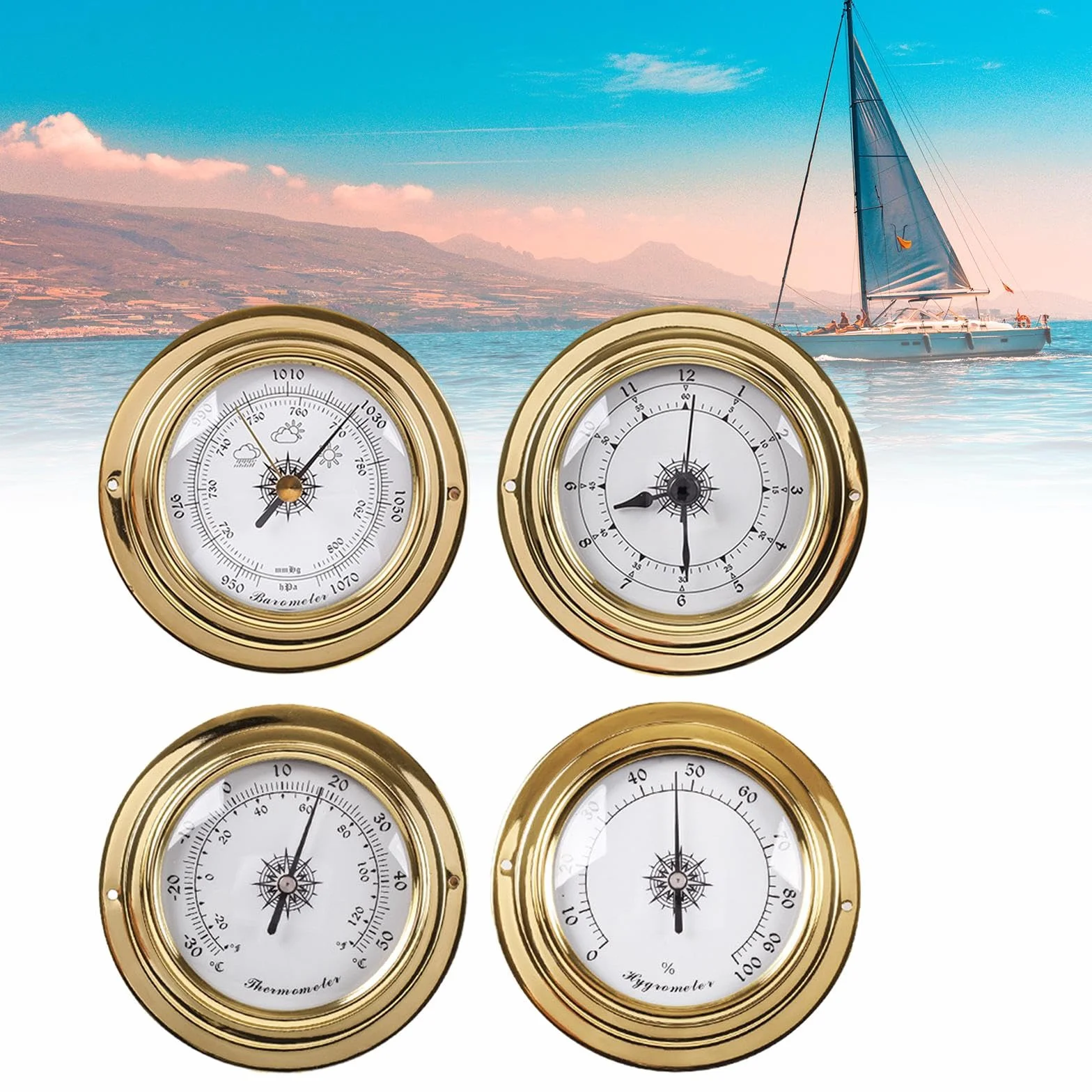 rockible E Higrómetro, Barómetro, Reloj, Estaciones Meteorológicas, Diámetro 98 Mm, Instrumentos de Vela para Barco, Yate, Taller, Marino, 4 Piezas