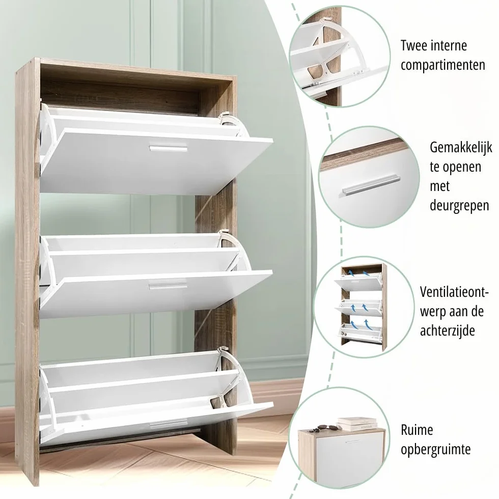 CASABEL, Mueble Zapatero de 18 Pares, Estantería de Gran Capacidad para vestíbulo o Pasillo, (Ancho) 60 x (Profundidad) 24 x (Alto) 113 cm, Madera Clara Blanca