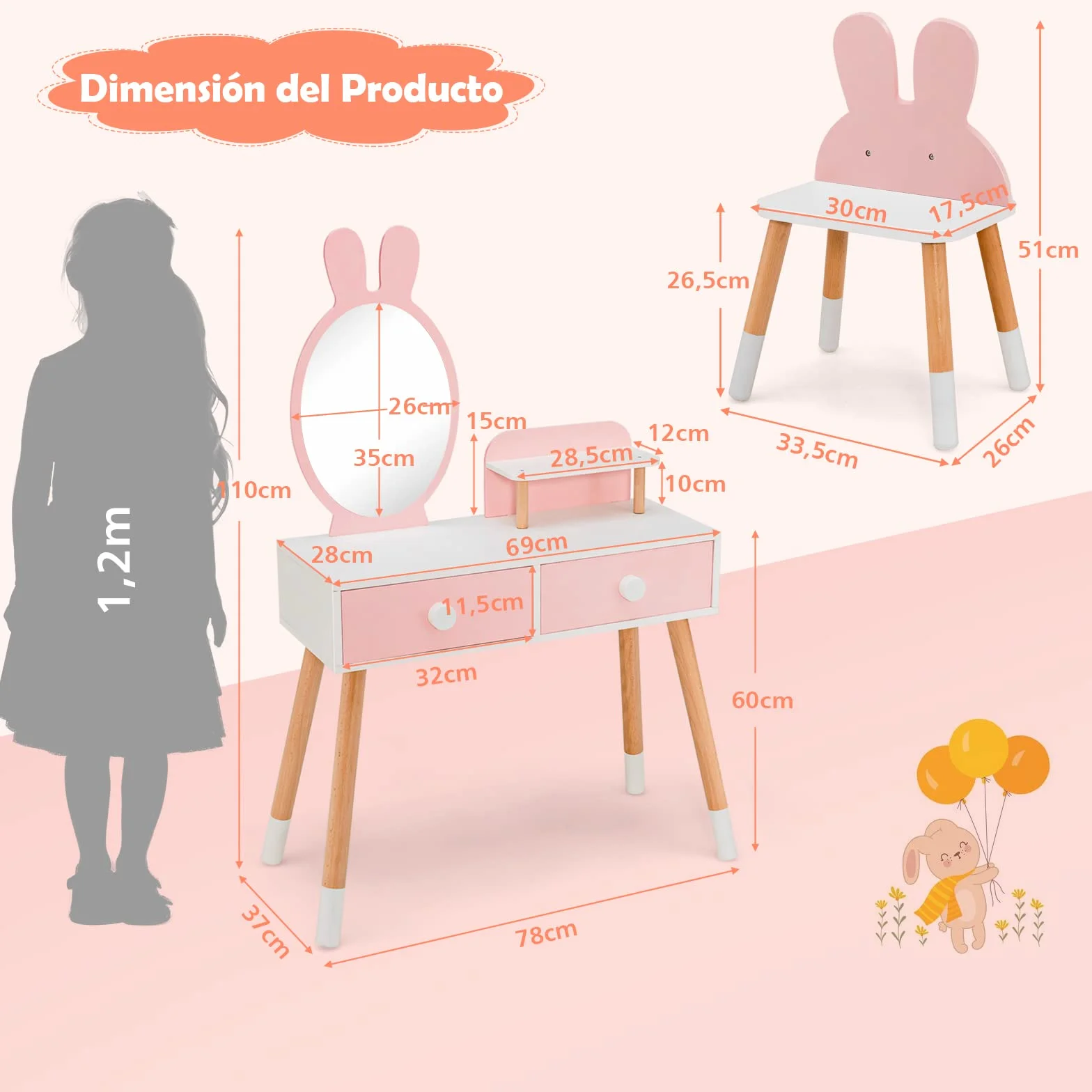 COSTWAY Tocador de Maquillaje Princesa Niña, Juego Mesa y Silla, Escritorio Espejo 2 en 1, 2 Cajones Estante, Patas Madera Maciza Rosa