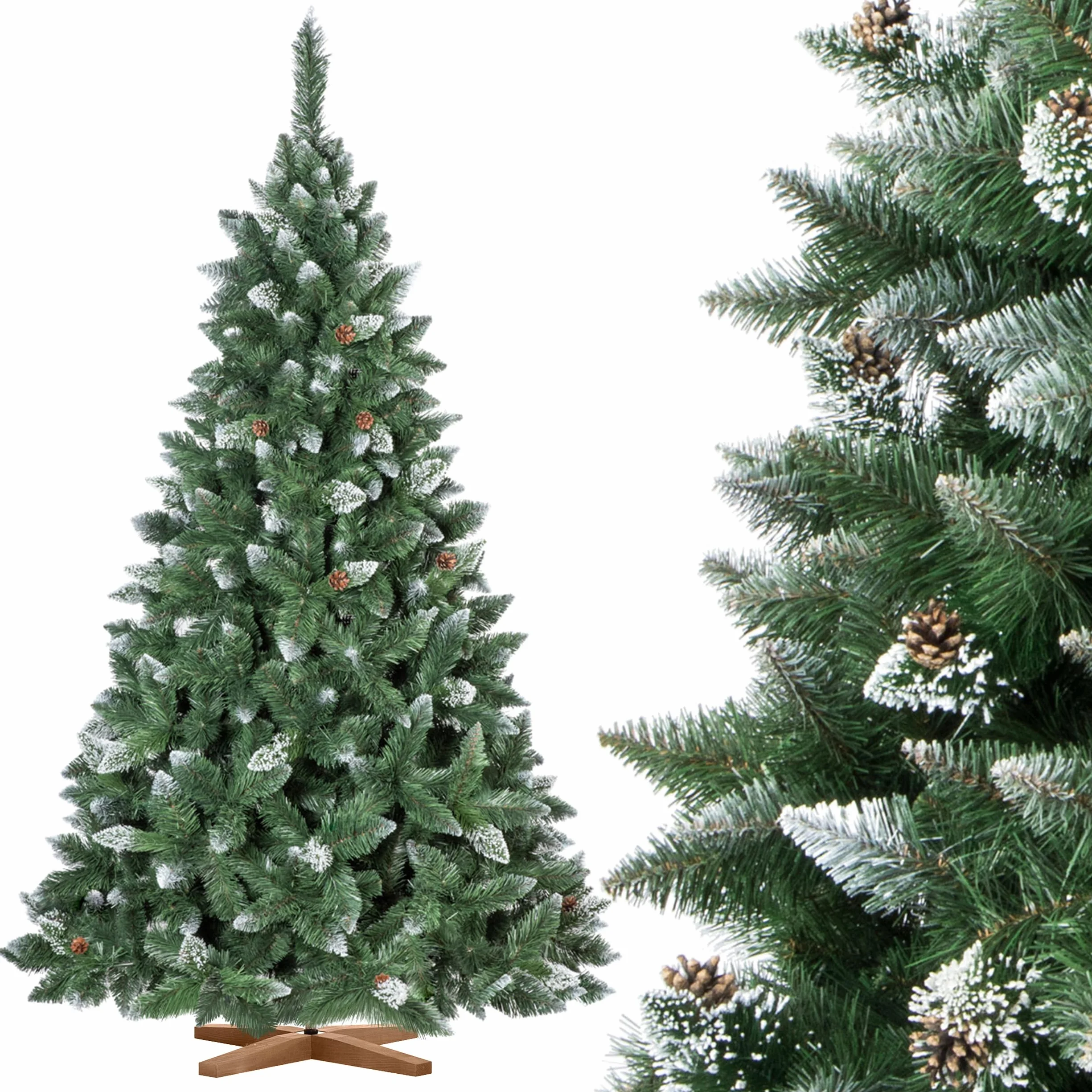 FairyTrees árbol de Navidad Artificial 220cm Pino con el Soporte de Madera | árbol Artificial Blanco nevado| Fabricado en EU
