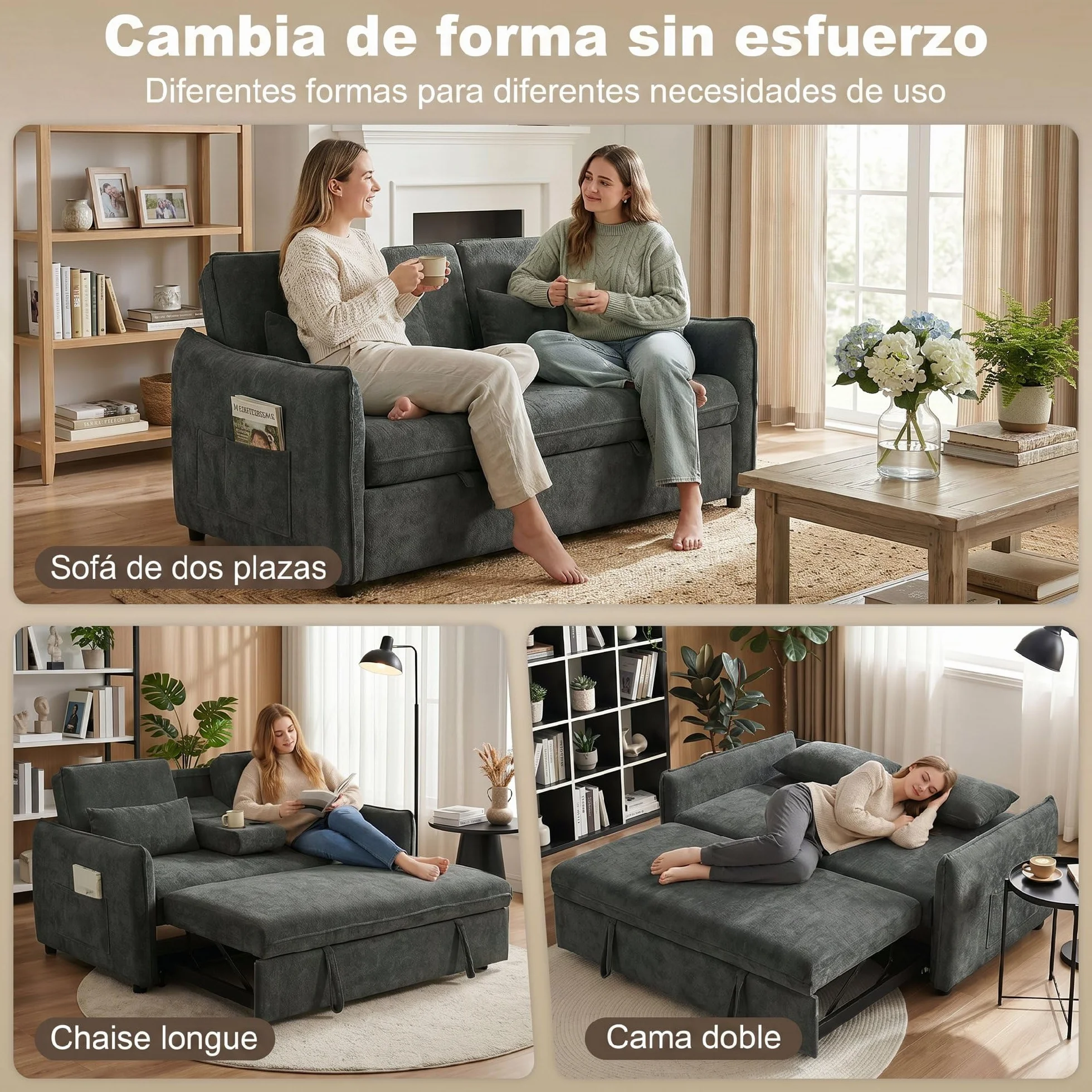 HOMCOM Sofá Cama 2 Plazas 3 en 1, Sofá Cama de Chenilla con Mesa Auxiliar, Portavasos, Respaldo Ajustable, Bolsillos Laterales, 2 Almohadas para Sala de Estar, Espacios Pequeños, Gris Oscuro
