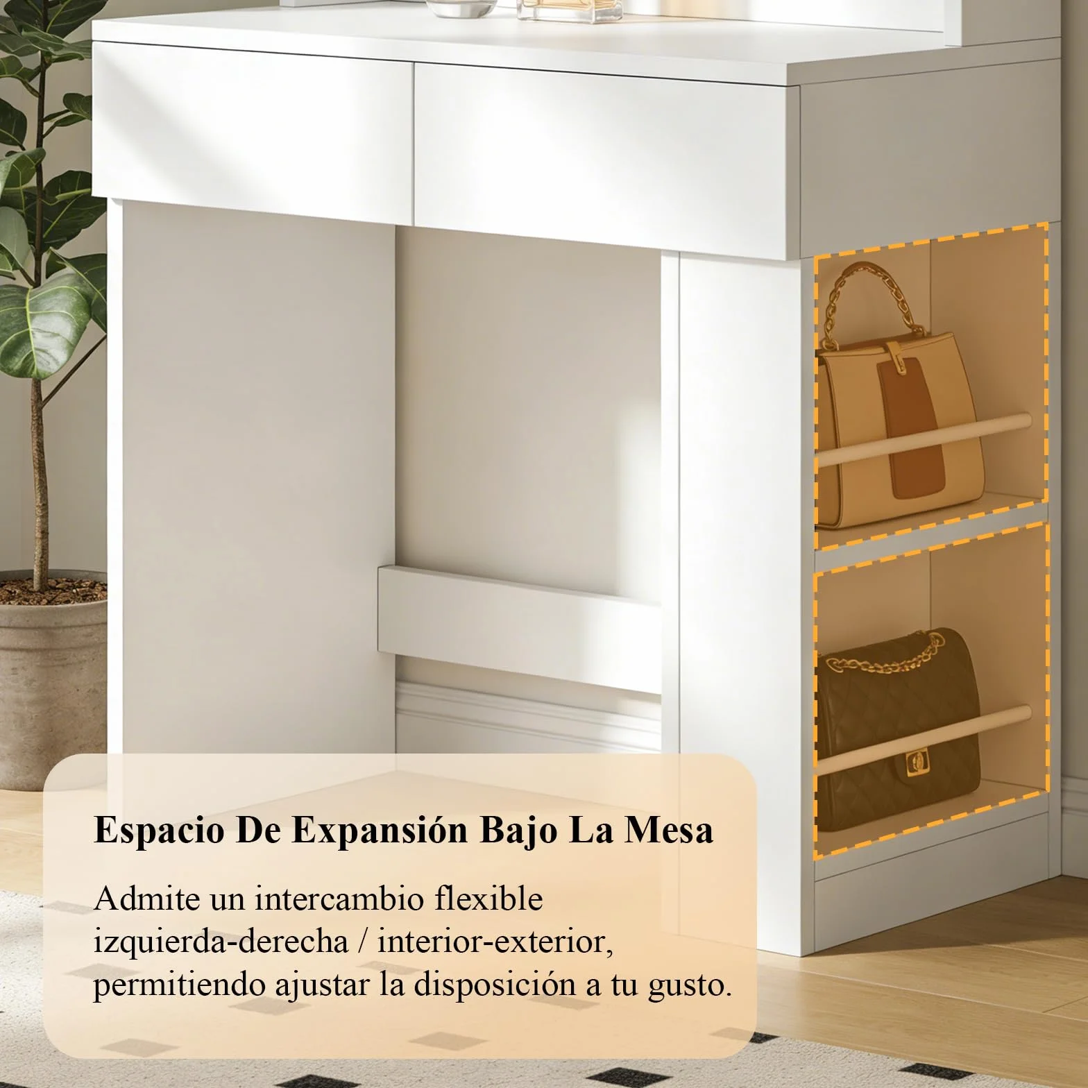 Devoko Tocador de Maquillaje con Luces LED,Brillo Ajustable,Tocador con Espejo,2 Cajones, Enchufe Eléctrico y Almacenamiento Lateral Abierto para Muebles de Dormitorio (Blanco)