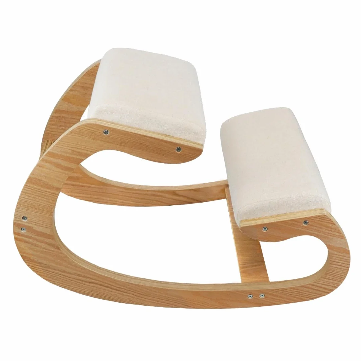 Silla ergonómica de madera de roble blanco de lino, cojín acolchado de 8 cm de grosor, para oficina, hogar, mecedora, postura ortopédica, soporte para la rodilla, soporta hasta 120 kg de capacidad,