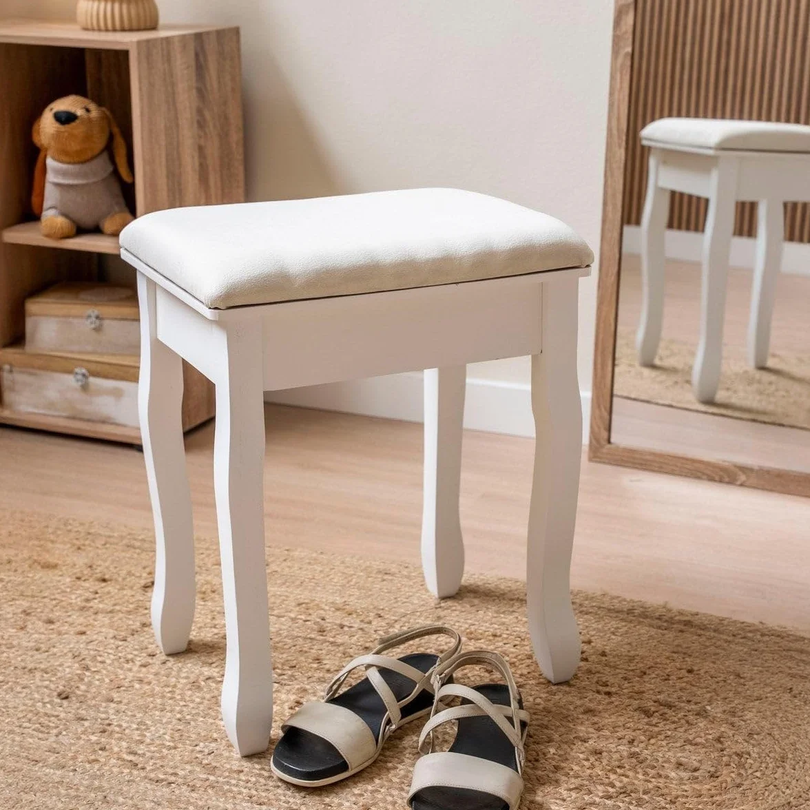 LOLAhome Banqueta de Tocador Blanca con Asiento Tapizado, Madera de Paulonia 50x30x39 cm, Estilo Clásico, Taburete para Dormitorio y Maquillaje
