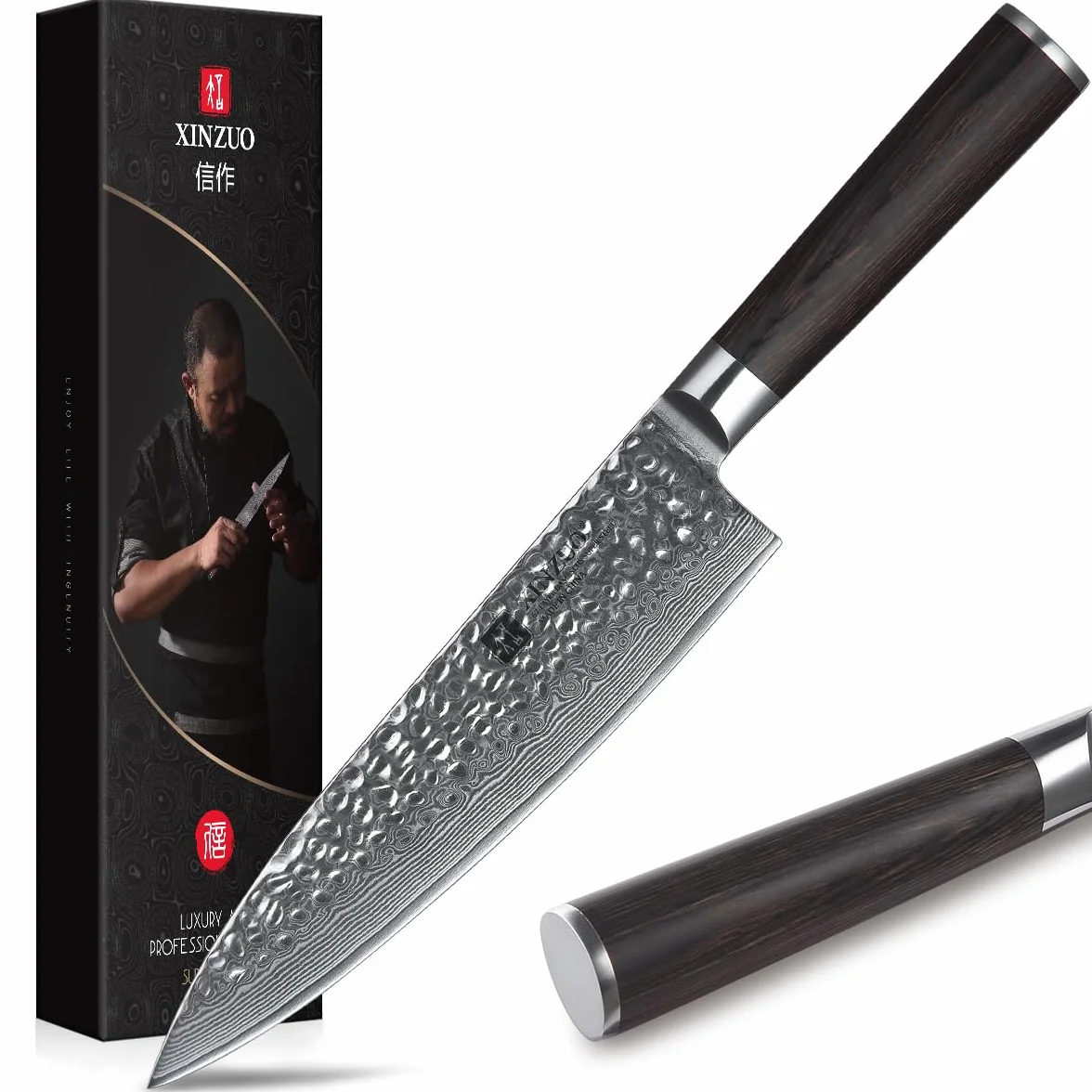XINZUO Cuchillo de Cocinero 20.1cm de Acero Damasco, Cuchillo Chef Profesional Cuchillos de Cocina Cuchillo para la Carne con Ergonómicamente Mango de Madera de Pakka- He Serie
