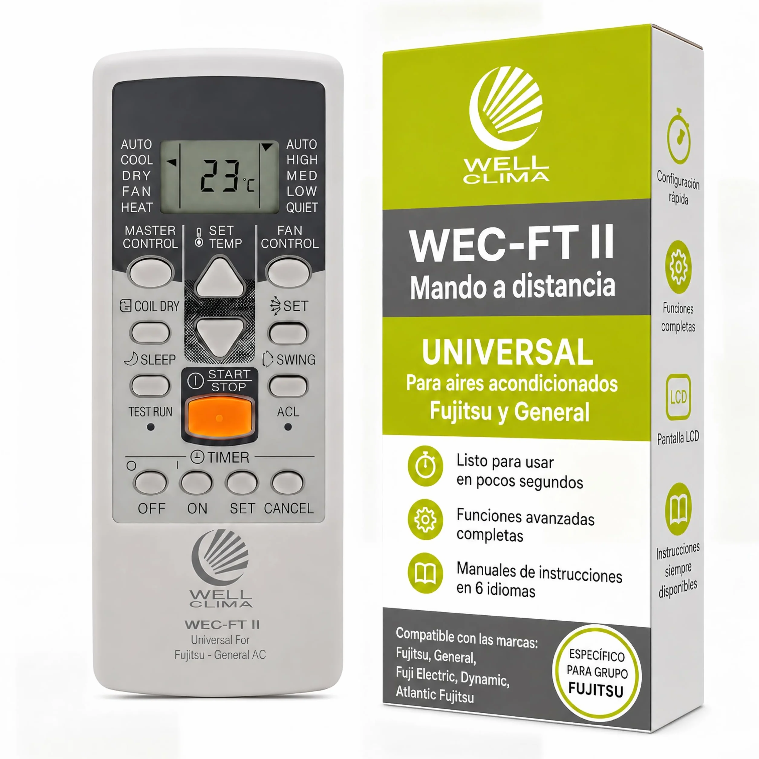 Wellclima WEC-FT II Mando Universal Compatible con Aires Acondicionados Fujitsu y General, Funciones Avanzadas, 4 Velocidades de Ventilador