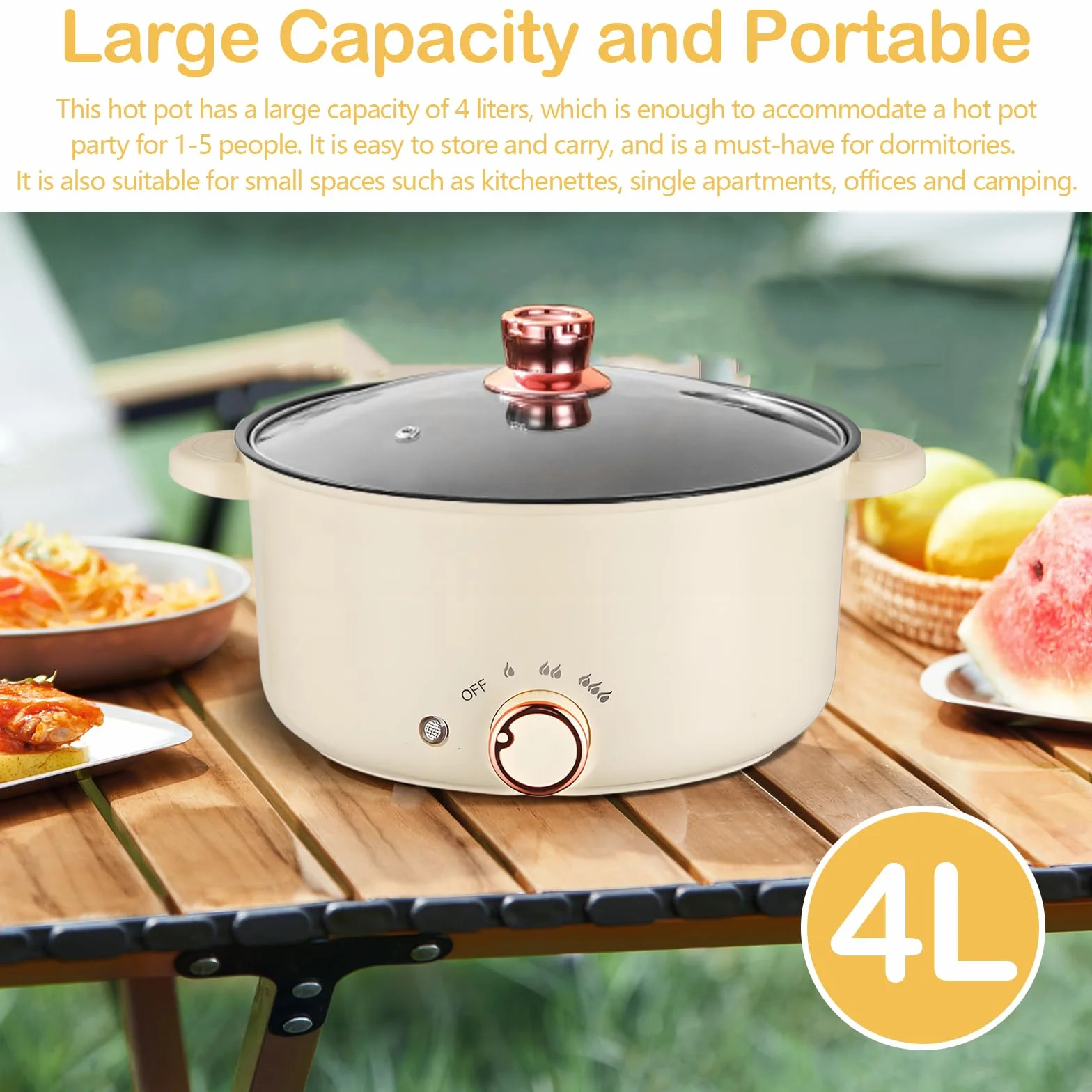 Crockpot Olla Eléctrica 4L 1000W Antiadherente 3 Ajustes Potencia Guisos Sopa Fideos Freír Filetes Saltear Verduras