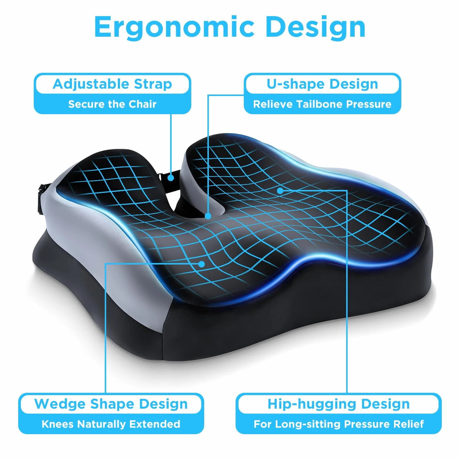 Cojín Silla Oficina para Aliviar Dolor de Coxis y Ciática, Cojín Ortopédico de Espuma Viscoelástica, Base Antideslizante, Soporte Ergonómico Cadera y Espalda para Oficina y Coche