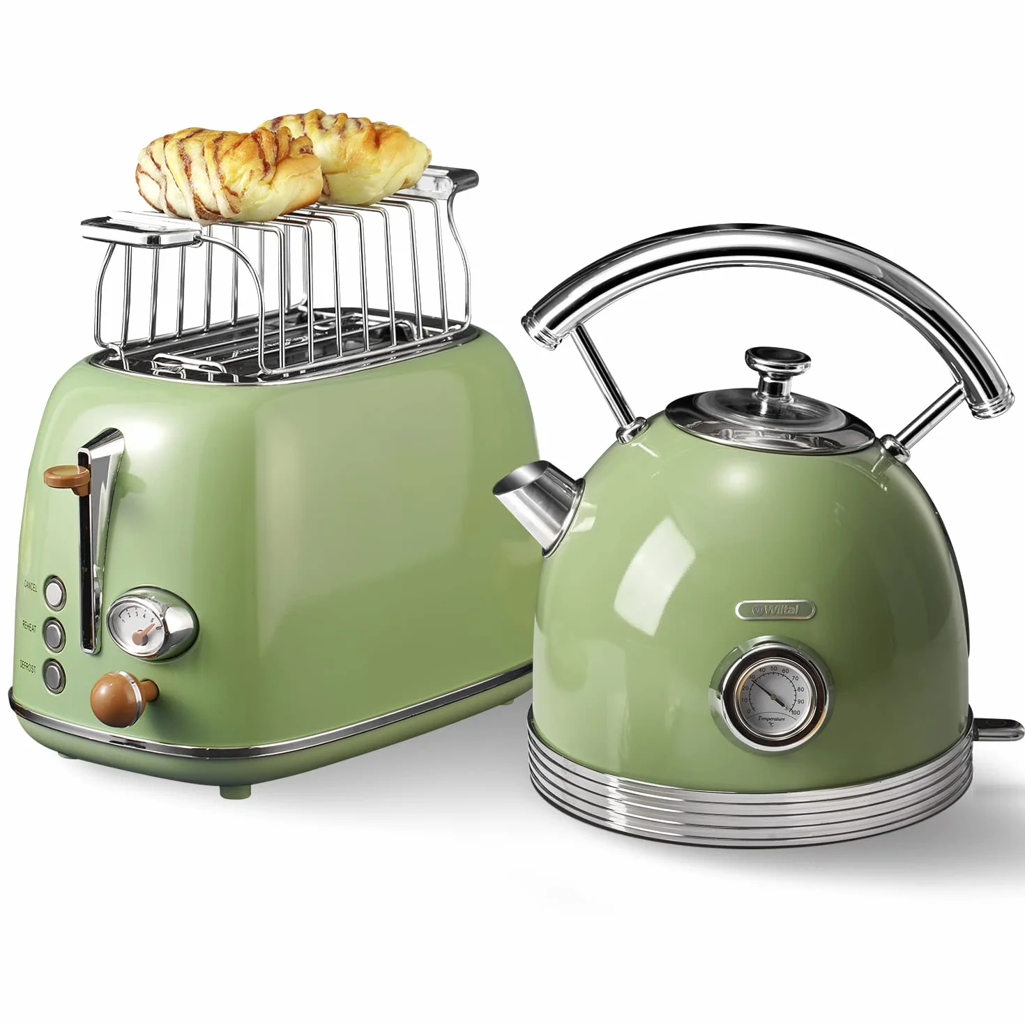 Wiltal Juego de tetera tostadora, hervidor de agua de acero inoxidable, 2200 W, calentamiento rápido, tostadora con accesorio para calentar todo tipo de pan, color verde retro