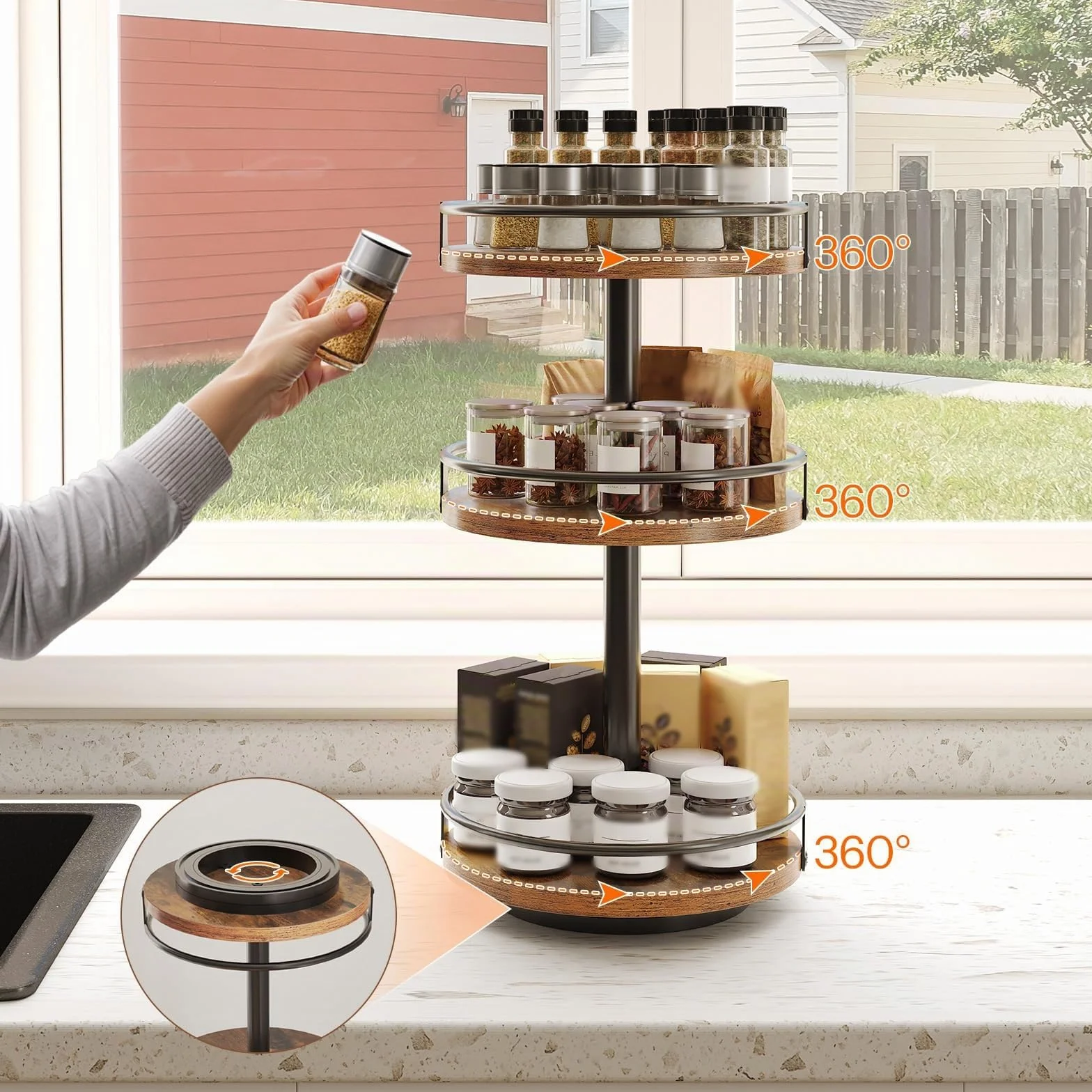 HOOBRO Estante Giratorio para Especias, Especiero Giratorio de 3 Niveles, Estante de Almacenamiento Vertical para Encimera de Cocina, Aparador, Mesa de Comedor, Marrón Rústico y Negro EBF09TL01