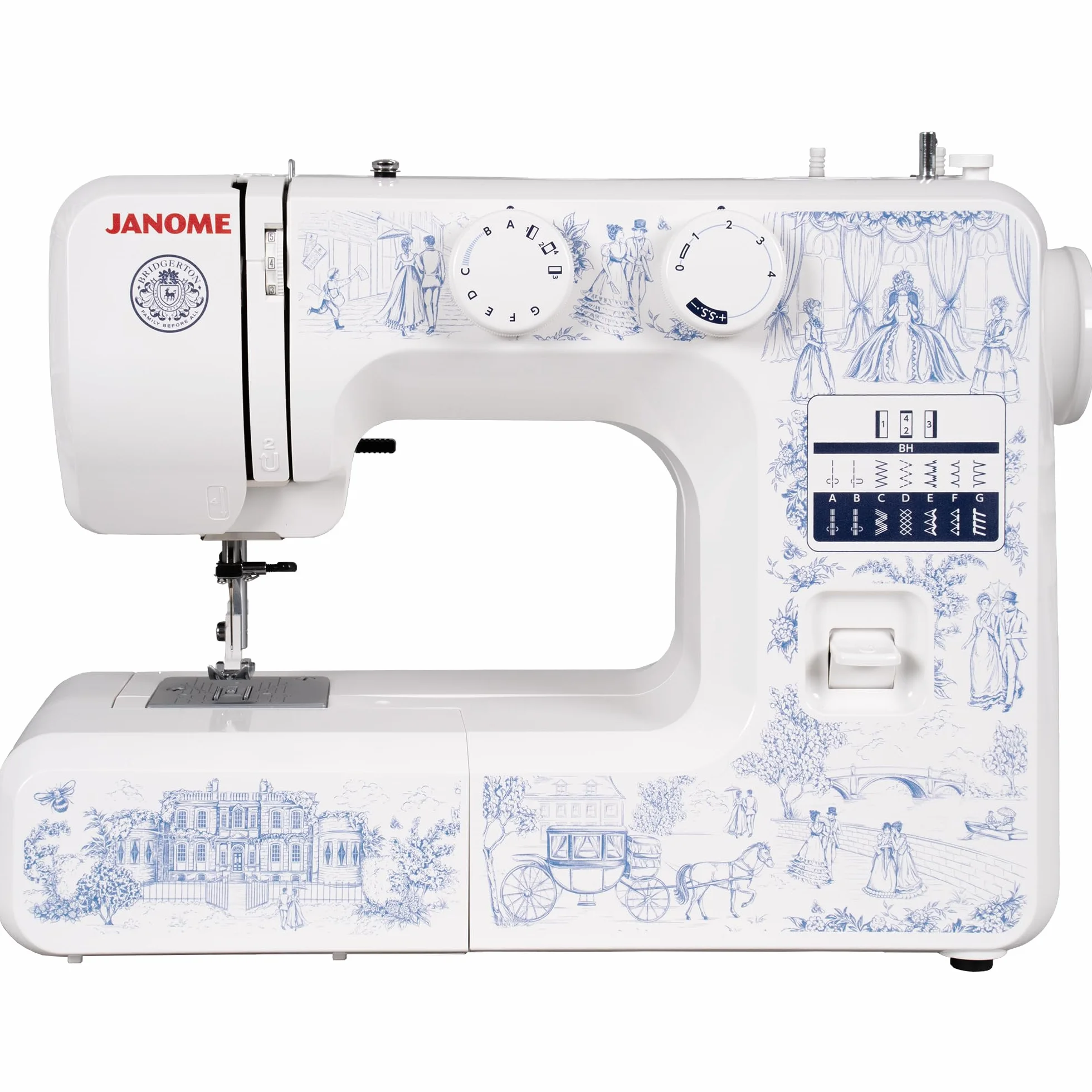 Janome Toile Romance - Máquina de coser de 15 puntadas fácil de usar con licencia oficial de la colección Bridgerton