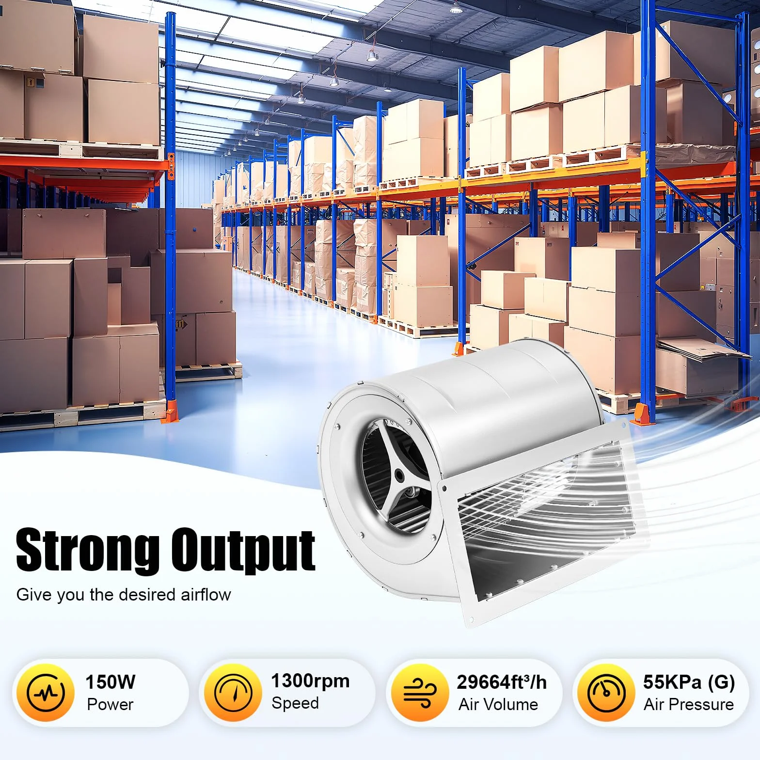 Ventilador centrífugo de 150 W, flujo de aire de 840 m³/h, presión de viento de 55 kPa, ventilador centrífugo de doble entrada con 60 dB para ventilación/refrigeración/eliminación de polvo en