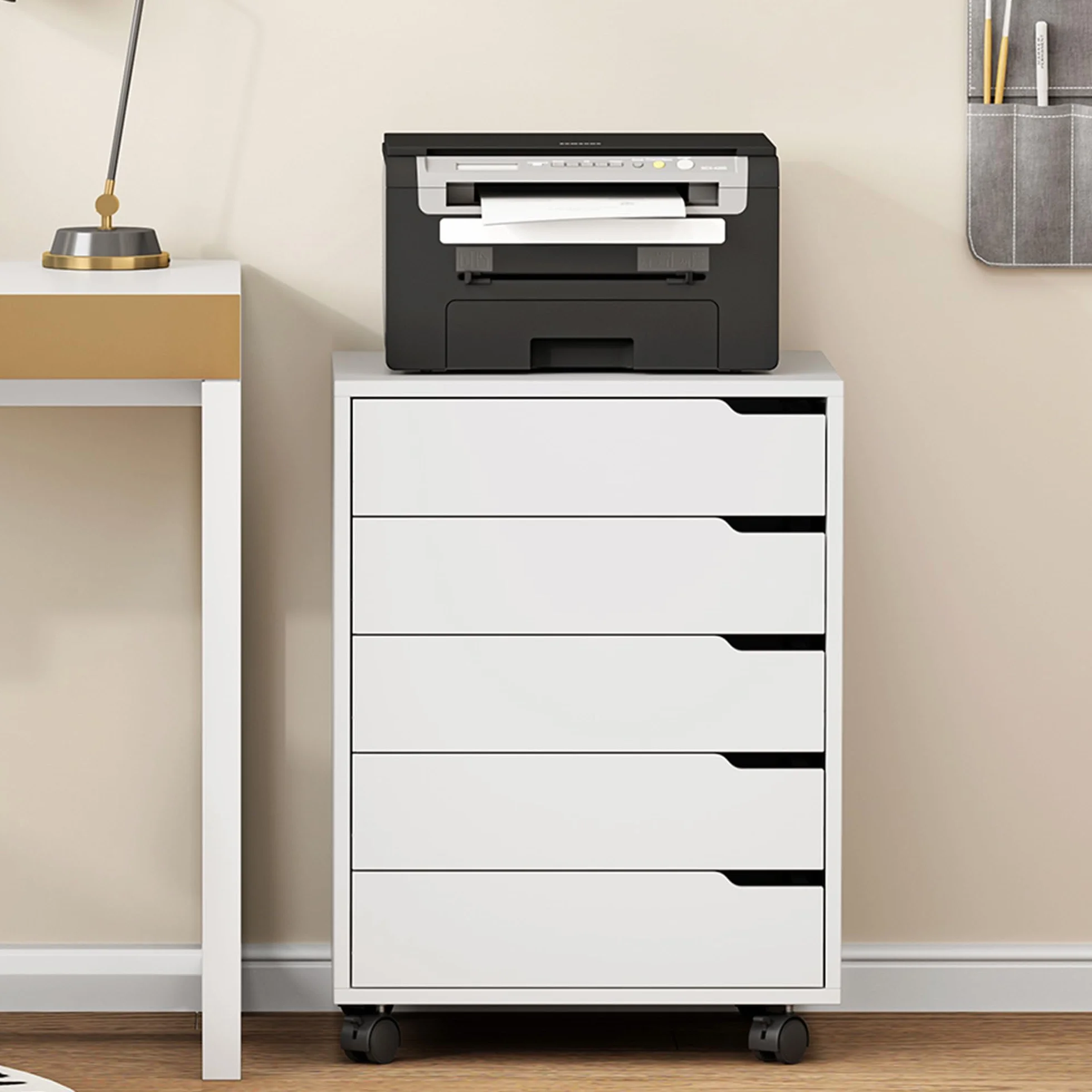 SDHYL Archivador vertical de 5 cajones con asas, carrito con ruedas, cajón con cajones, almacenamiento debajo del escritorio para oficina en casa, 5 cajones, blanco