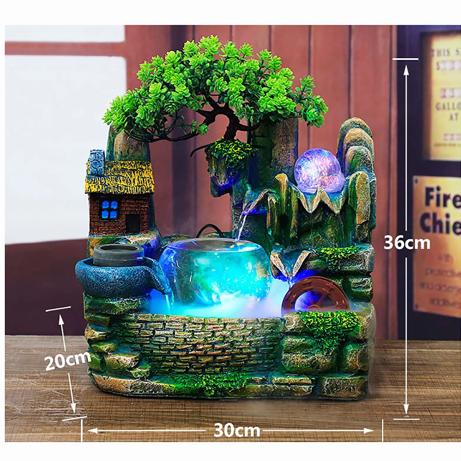 Fuente de habitación, cascada, fuente de mesa con iluminación LED y niebla, fuente interior de habitación, fuente pequeña con plantas, para la colocación en sala de estar oficina