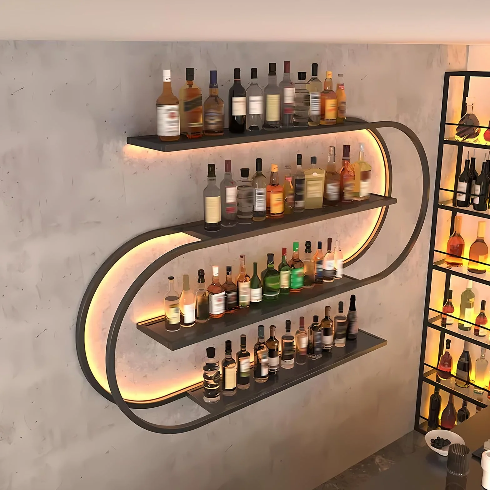 Botellero de Pared, Botellero Semicircular 4 Niveles Estante Bar Flotante con Ganchos para Copas de Vino, Estante Industrial de Metal para Exhibir Botellas Adecuado para Bar Decor (Negro, 120cm)