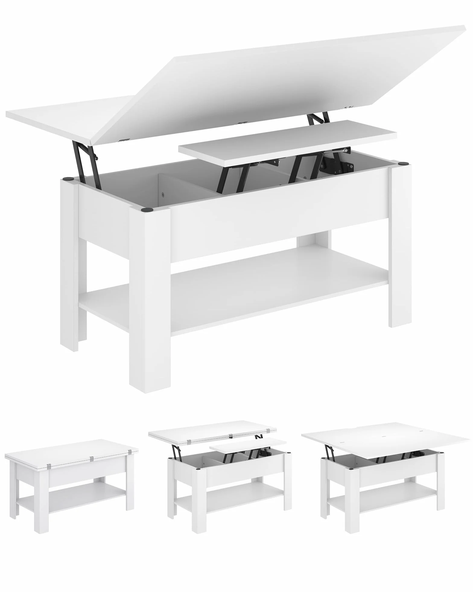 KIMENICH Mesa de Centro Regulable en Altura, Almacenamiento Oculto, 3 en 1, Multifunción, Mesa de Salón, Mesa de Café, Compartimento Abierto, Mesa de Comedor, para Salón, Oficina, Blanco