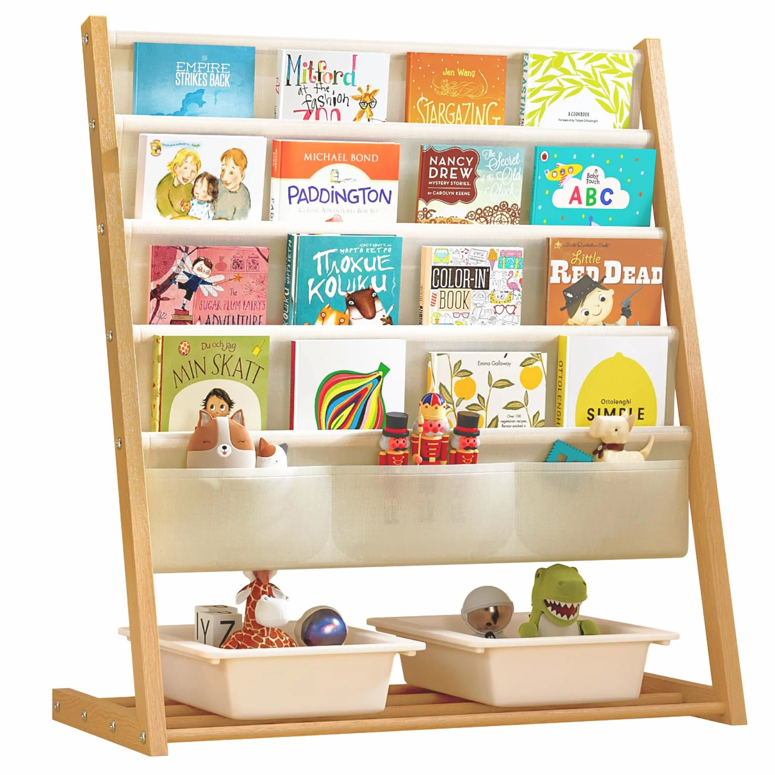 Librería Infantil con 4 Estantes y Cesta de Almacenaje – Estantería para Libros de Niños, Diseño de Madera Natural, 69x33x78 cm, Organizador para Dormitorio o Sala de Juegos