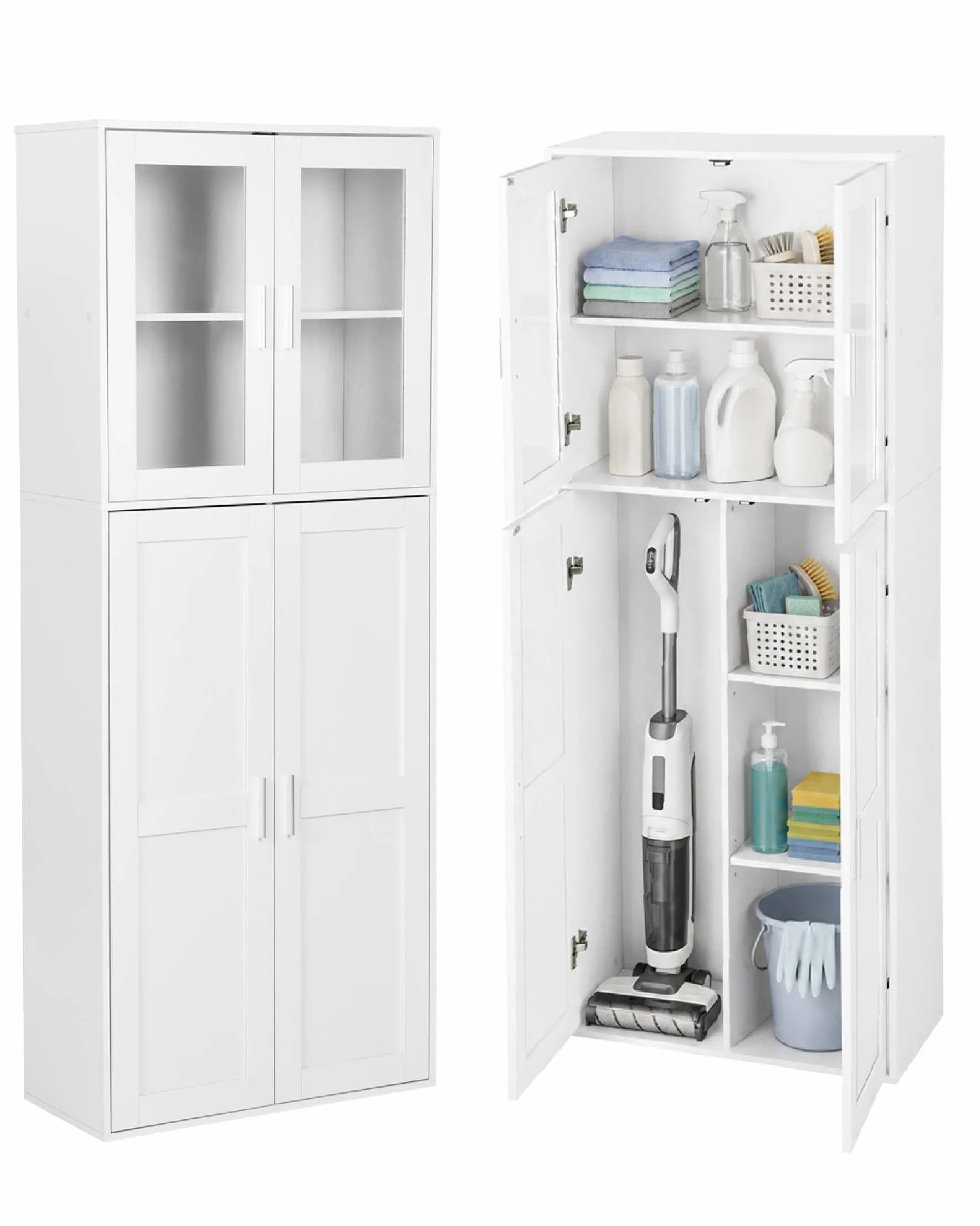 Armario Escobero y Mueble Auxiliar con Puerta de Cristal, Armario Columna de Cocina para Aspiradora, Diseño Shaker Blanco, Despensa Alta para Lavadero y Entrada, 65x30x165cm