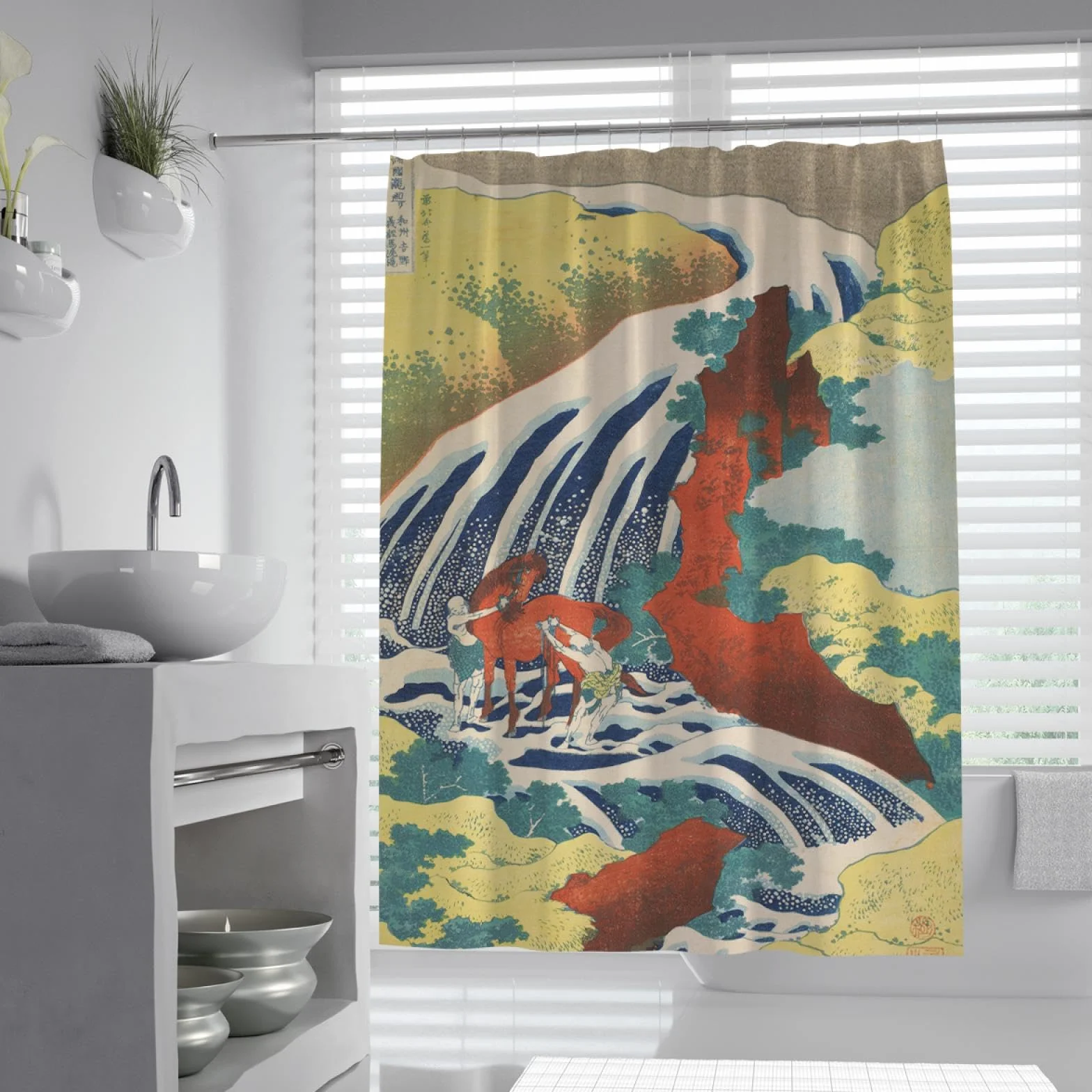Juego de Cortinas de Ducha japonesas Ukiyo-e Cascada Abstracta Cascada Creek Riverside Cortinas de baño Retro Cortina de Ducha de Tela Lavable a máquina 240x180cm
