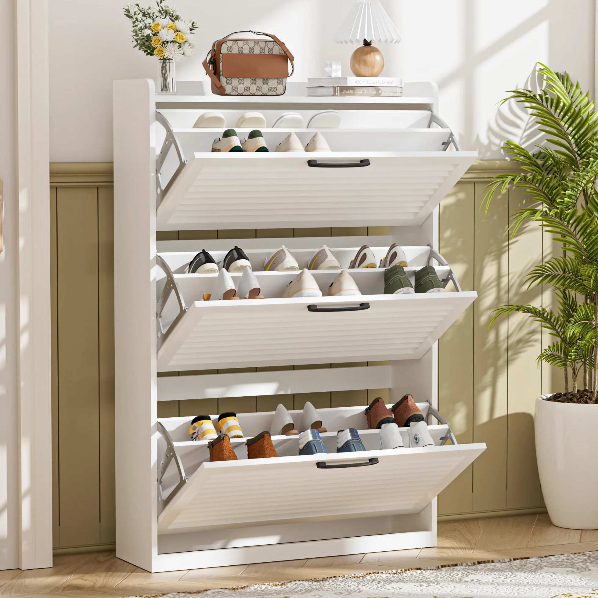 BonVache Mueble para Zapatos Estrecho, Armario basculante con Puerta de persianas, Mueble con 3 abatibles y 6 estantes Ajustables, Almacenamiento de Zapatos de Madera, 80x24x120 cm, Blanco