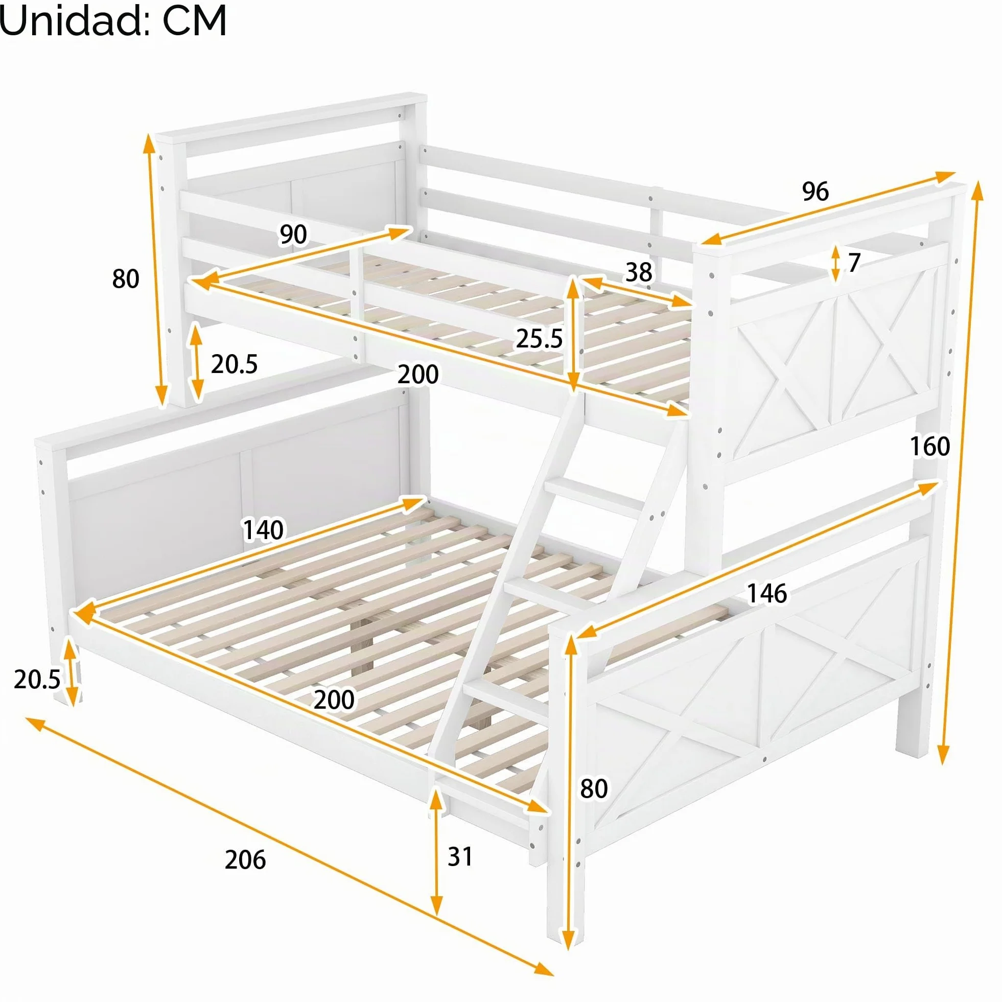 Cama de madera, litera con escalera y barandilla de seguridad, convertible en 2 camas individuales, cama doble, individual para niños, jóvenes y adultos (blanco)