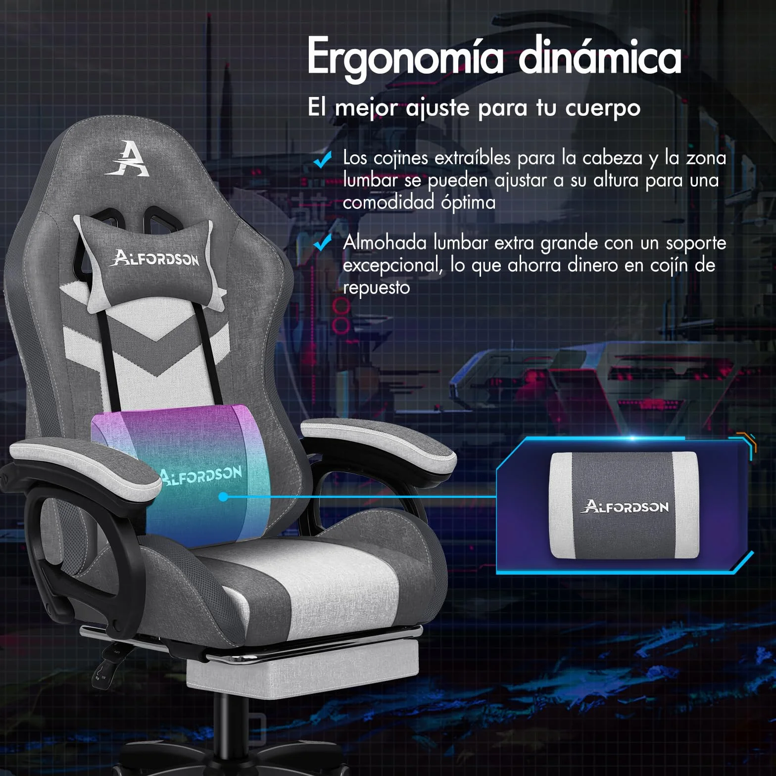 ALFORDSON Silla Gaming con Masaje y LED, Silla Gamer Ergonómica con Cojín Lumbar y Cervical, Reposapiés Telescópico, Iluminación para Ordenador, Videojuego, Juegos, Oficina, Lino(Gris con Splicing)