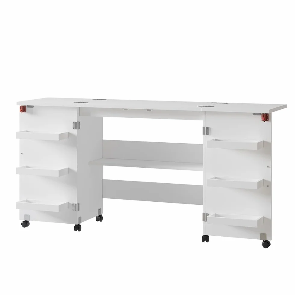 Vicco Mesa de Costura Carmen, Blanco, 160 x 80.2 cm con 6 estantes, Plegable con Ruedas para Uso Flexible como Mesa de Trabajo