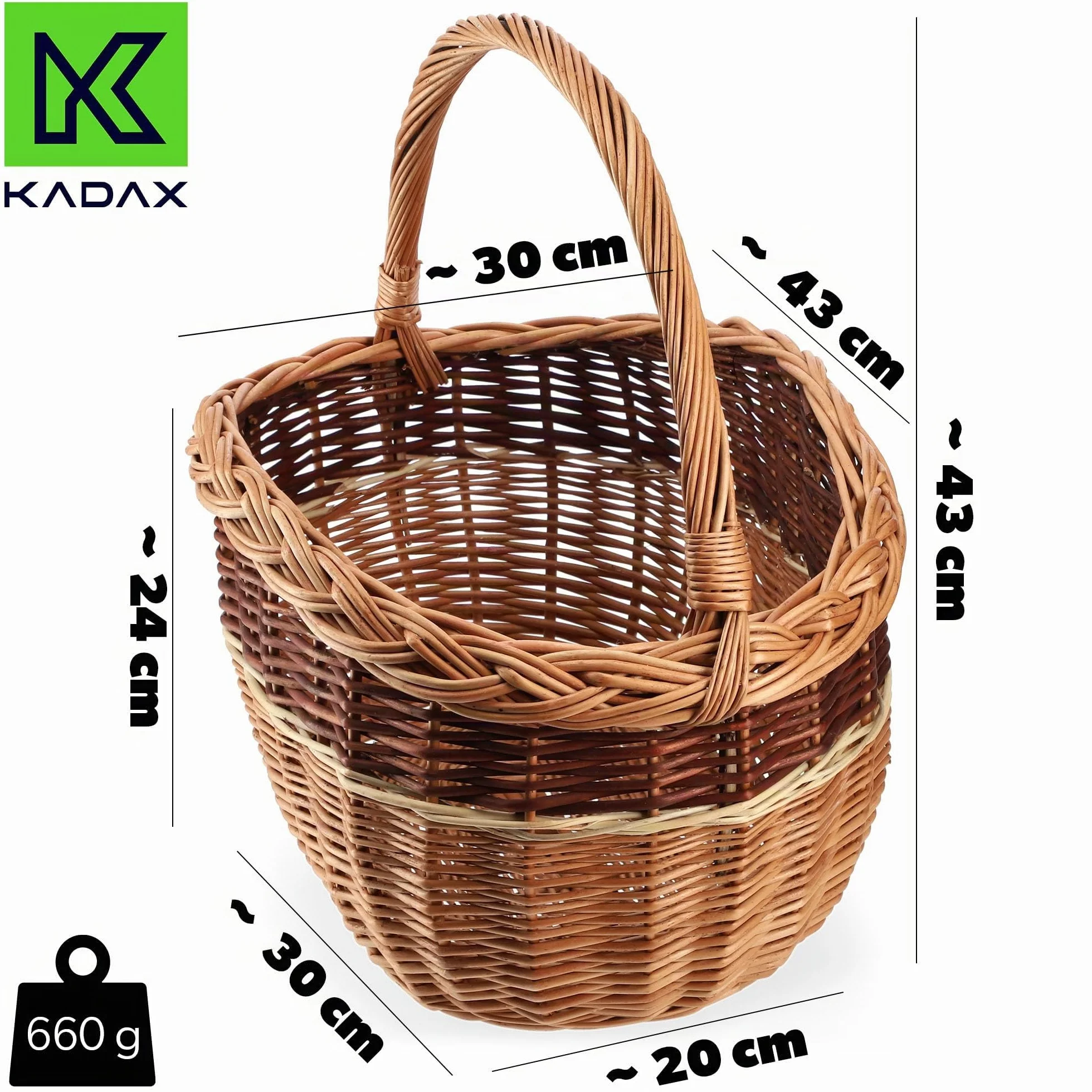 KADAX Cesta de mimbre para setas, compras, picnic, ovalada, marrón, mango de madera de sauce, 43 x 30 x 43 cm