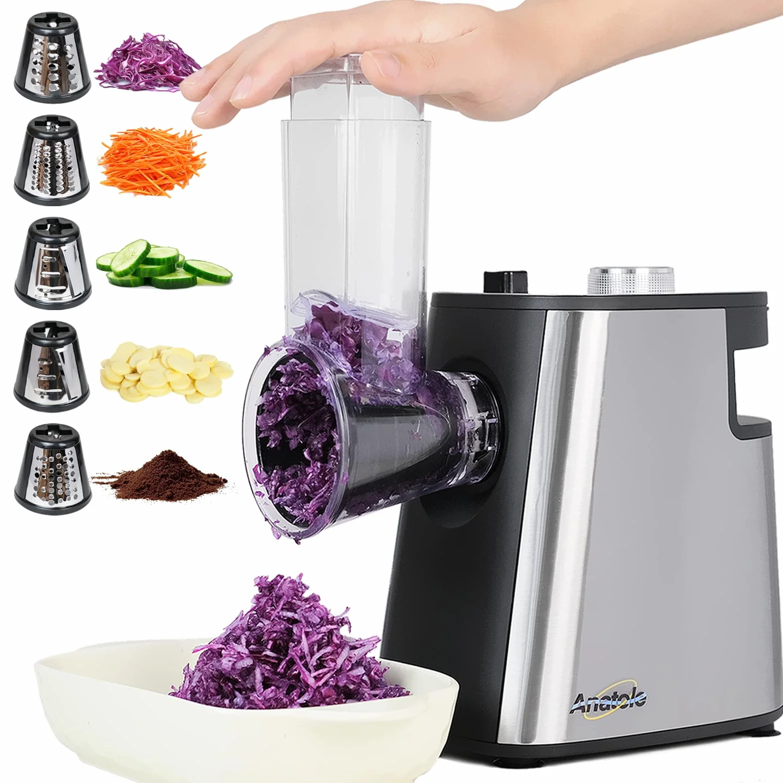 Anatole Cortador de Verduras Eléctrico Rallador de Queso Multifuncional de Acero Inoxidable Rebanadora de Patatas con 5 Cuchillas Espiralizador de Cocina Casa Picadora de Zanahorias Cebollas