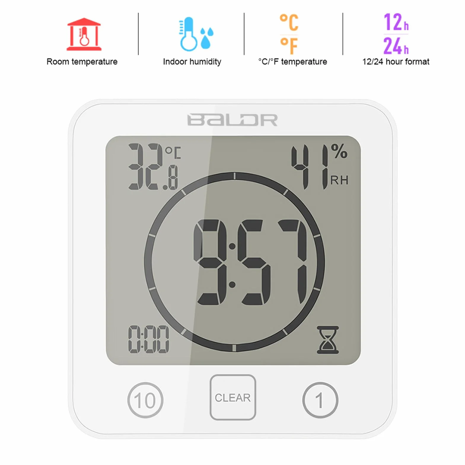 Digital Reloj de Baño de Pared con Alarma, Pantalla LCD Grande, Temperatura y Humedad, Temporizador de Ducha