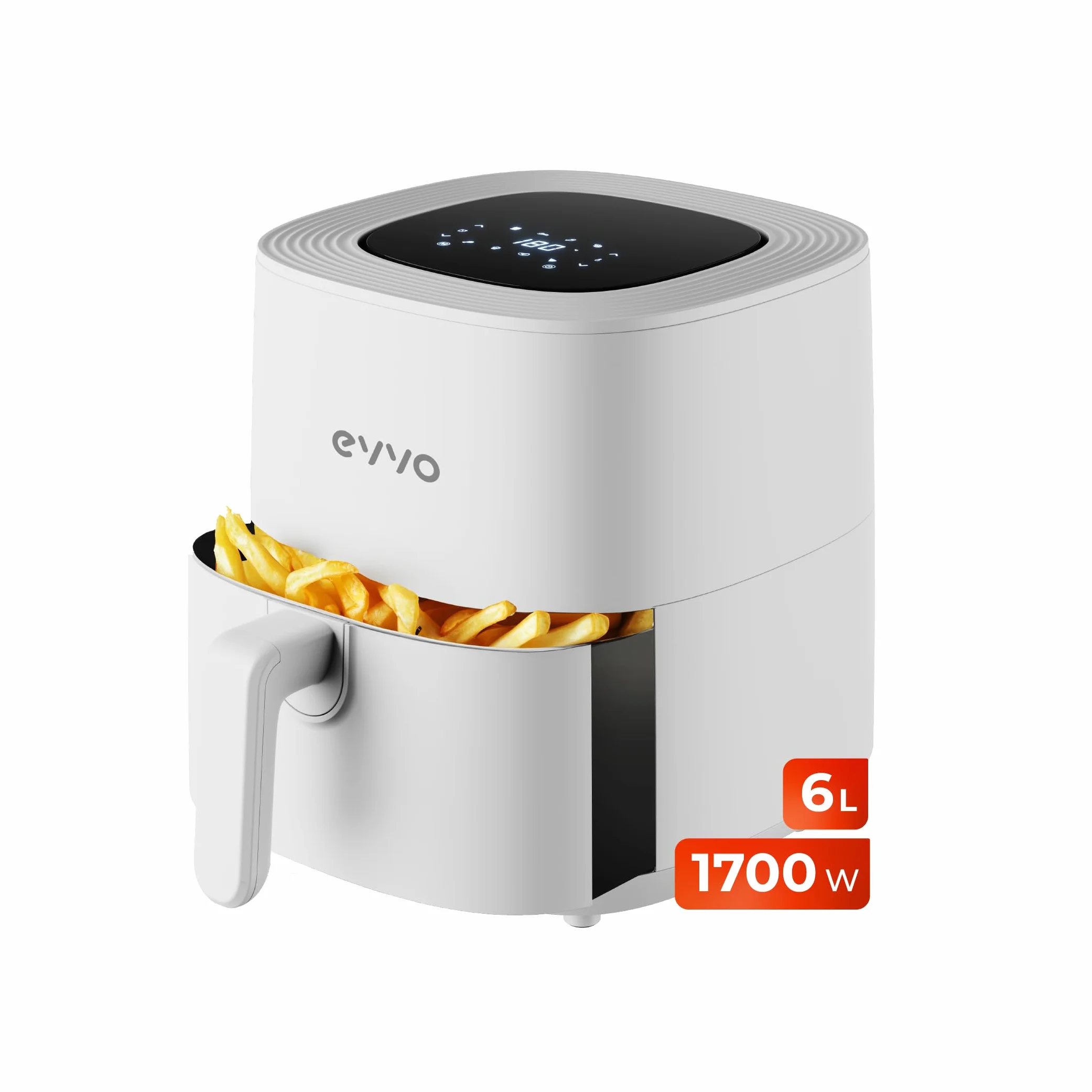 EVVO Freidora Aire Sin Aceite de 6L, 1700W, Recipiente Antiadherente, Tecnología Dual Cyclone, Multifunción, Hornea, Deshidrata, Descongela, Hasta 200º, Apagado Automático (Color Blanco)