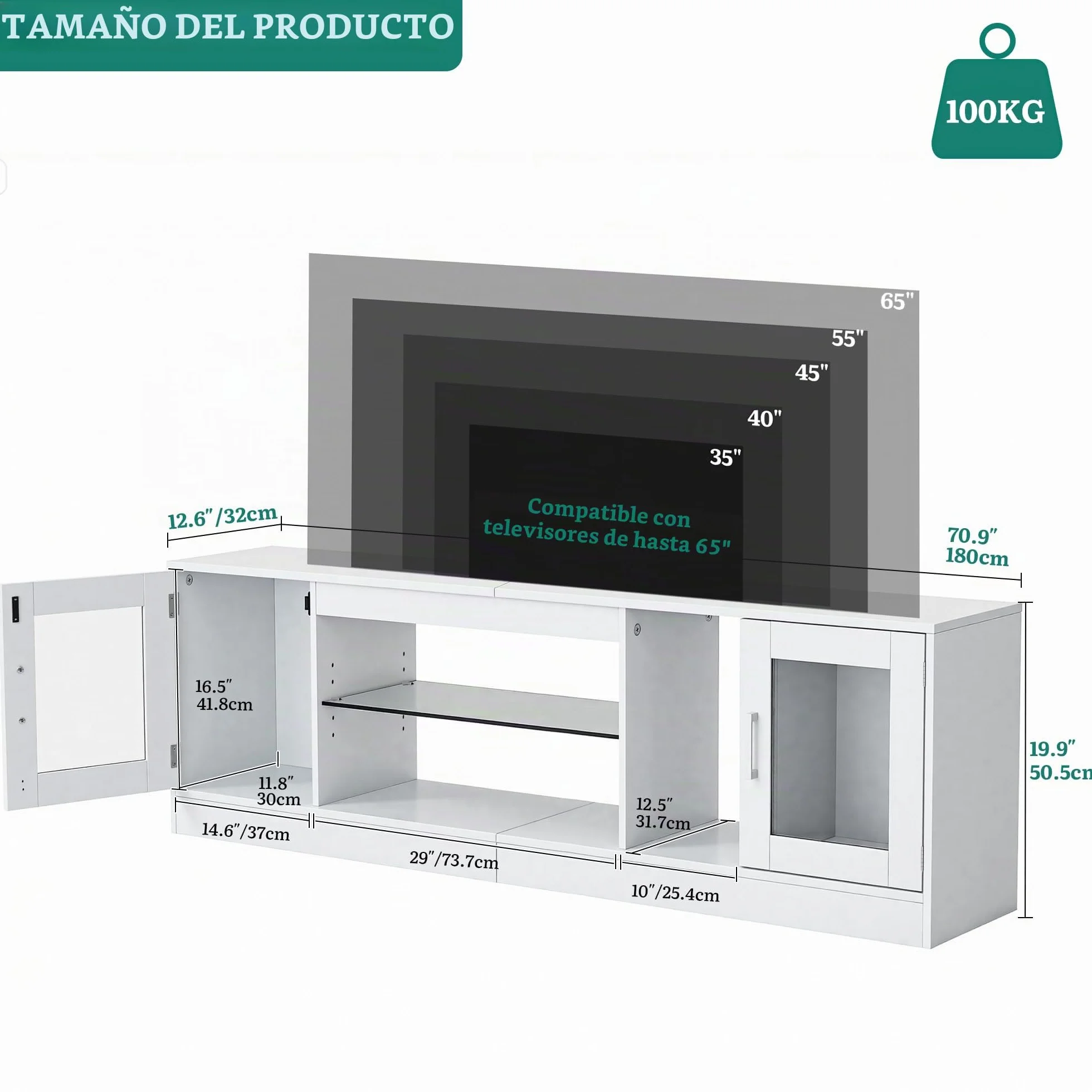 YITAHOME Mueble de TV de 180 cm con 7 LED RGB, mueble bajo para TV con 2 armarios cerrados, 3 estantes abiertos y estante de cristal ajustable, moderno centro de entretenimiento para salón, 180 x 32 x