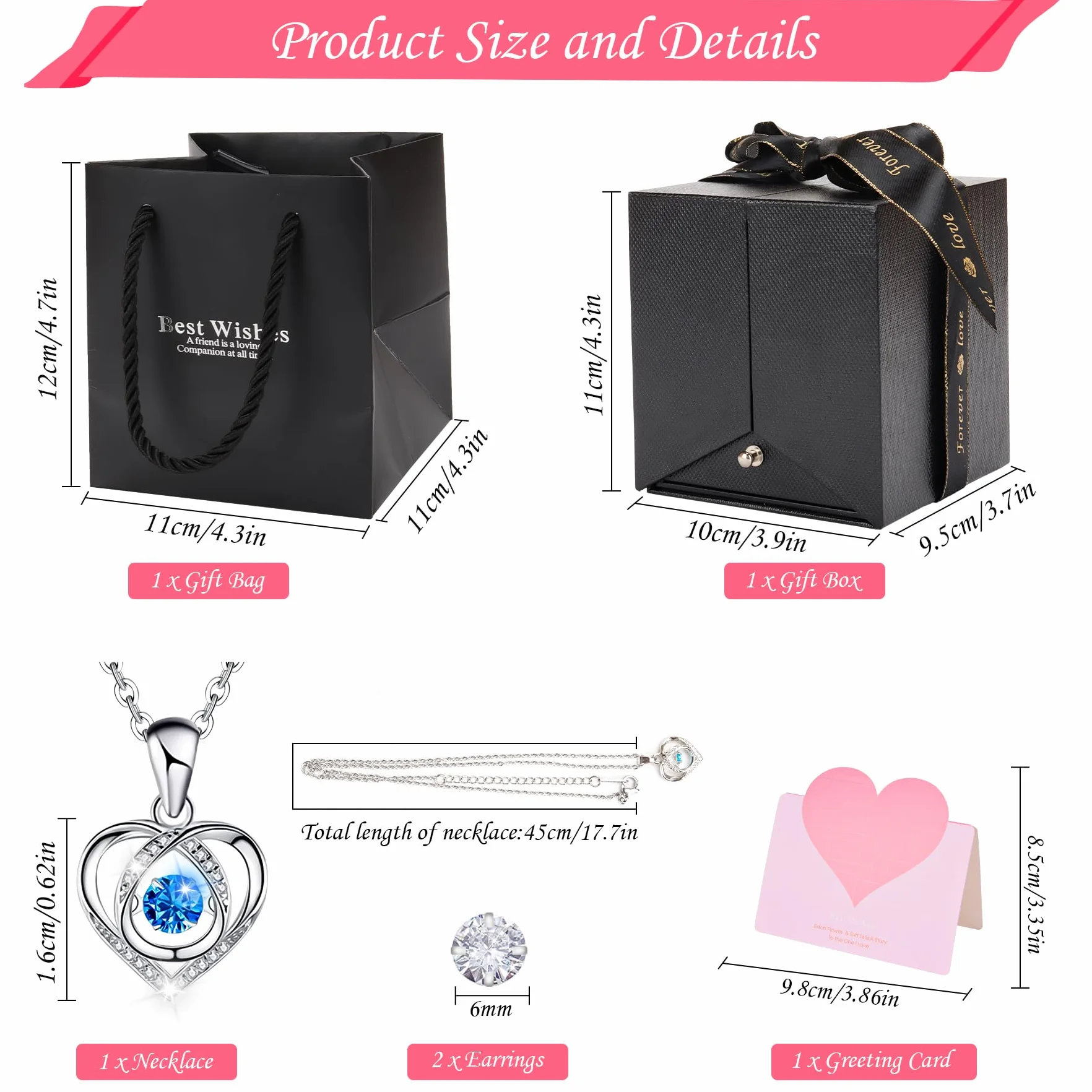 Rosa Eterna Rojo Caja de Regalo Rosa Preservada con Collar de Corazón y Aretes para Mujer