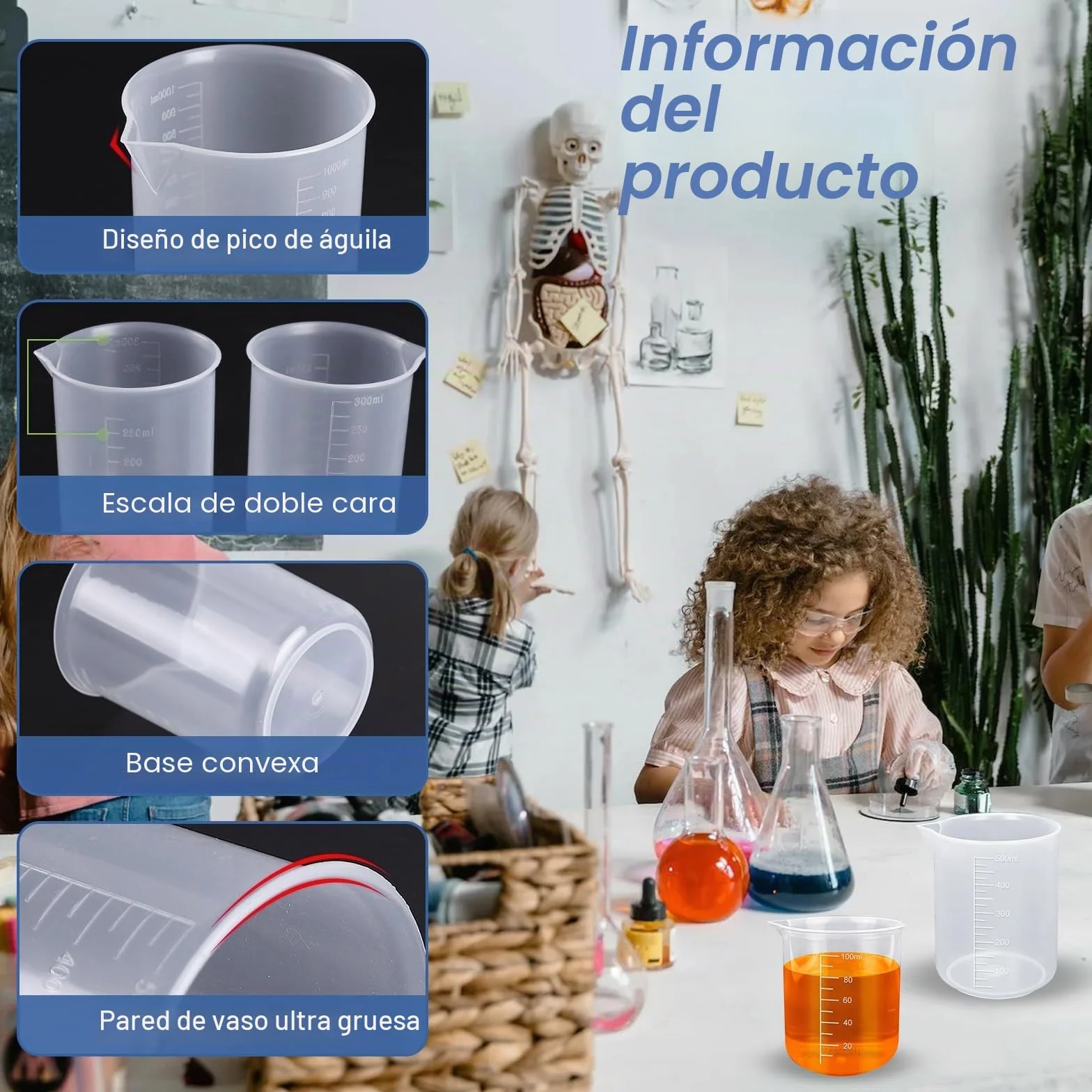 Juego de 10 vasos medidores de laboratorio 25/50/100/150/200/250/300/500 ml de plástico con tubos de centrífuga