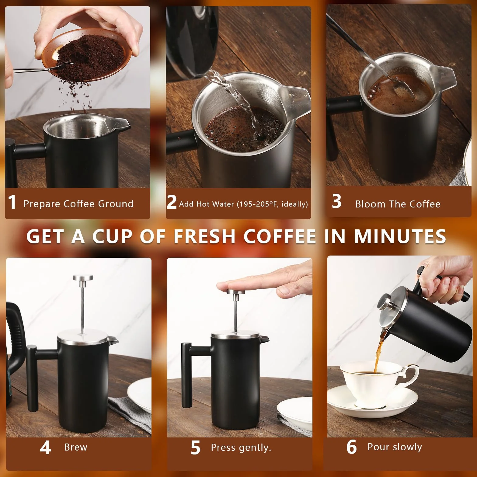 SZHETEFU French Press - Cafetera de prensa francesa grande aislada de acero inoxidable de alta calidad, capacidad de 4 a 6 tazas, cafetera de émbolo de prensa francesa, color negro