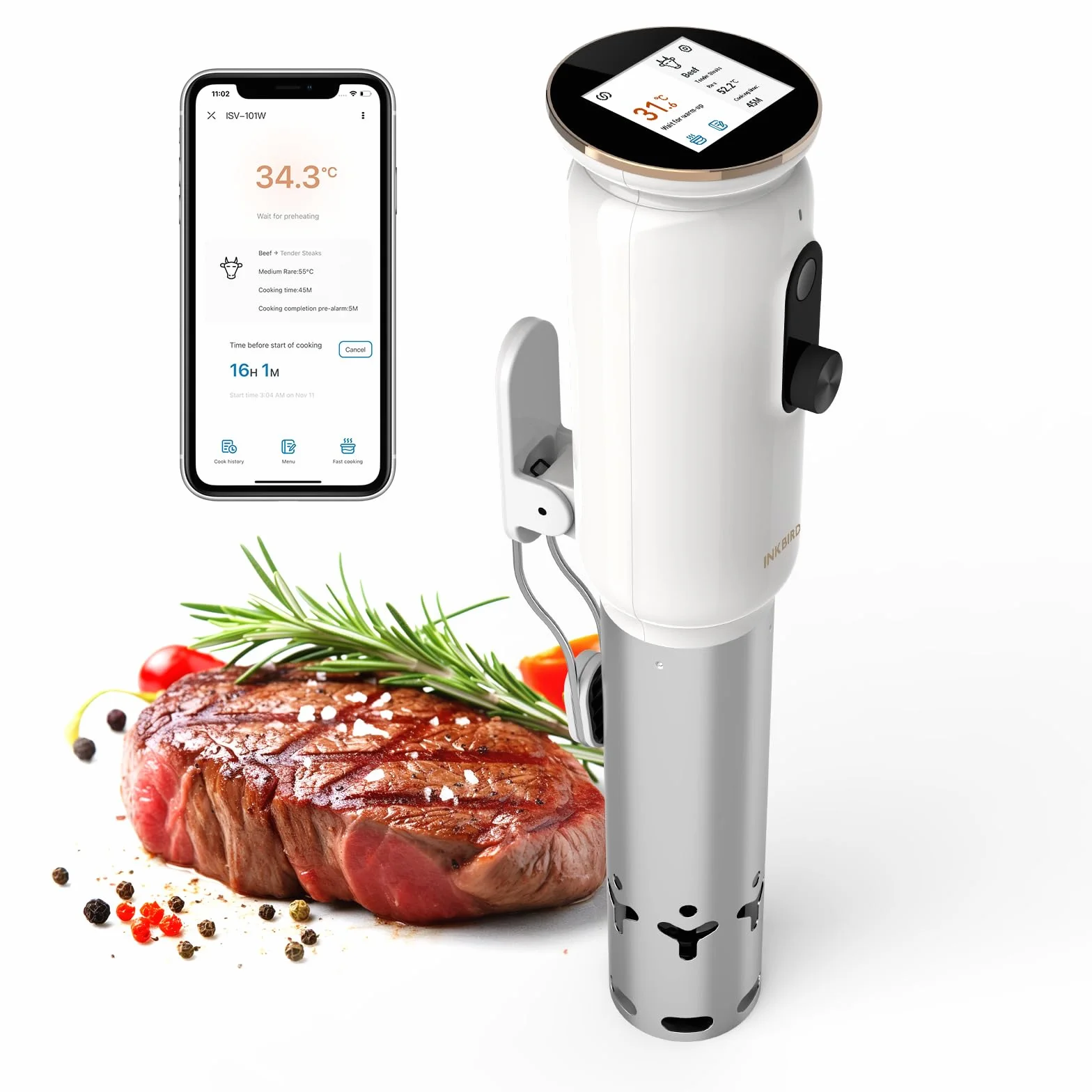 INKBIRD WIFI Sous Vide Roner Cocina Baja Temperatura ISV-101W, 1000W Roner Profesional Calefacción por circulación de agua 3D con Menús Preestablecidos en La Aplicación, Función de Reserva de Cocción