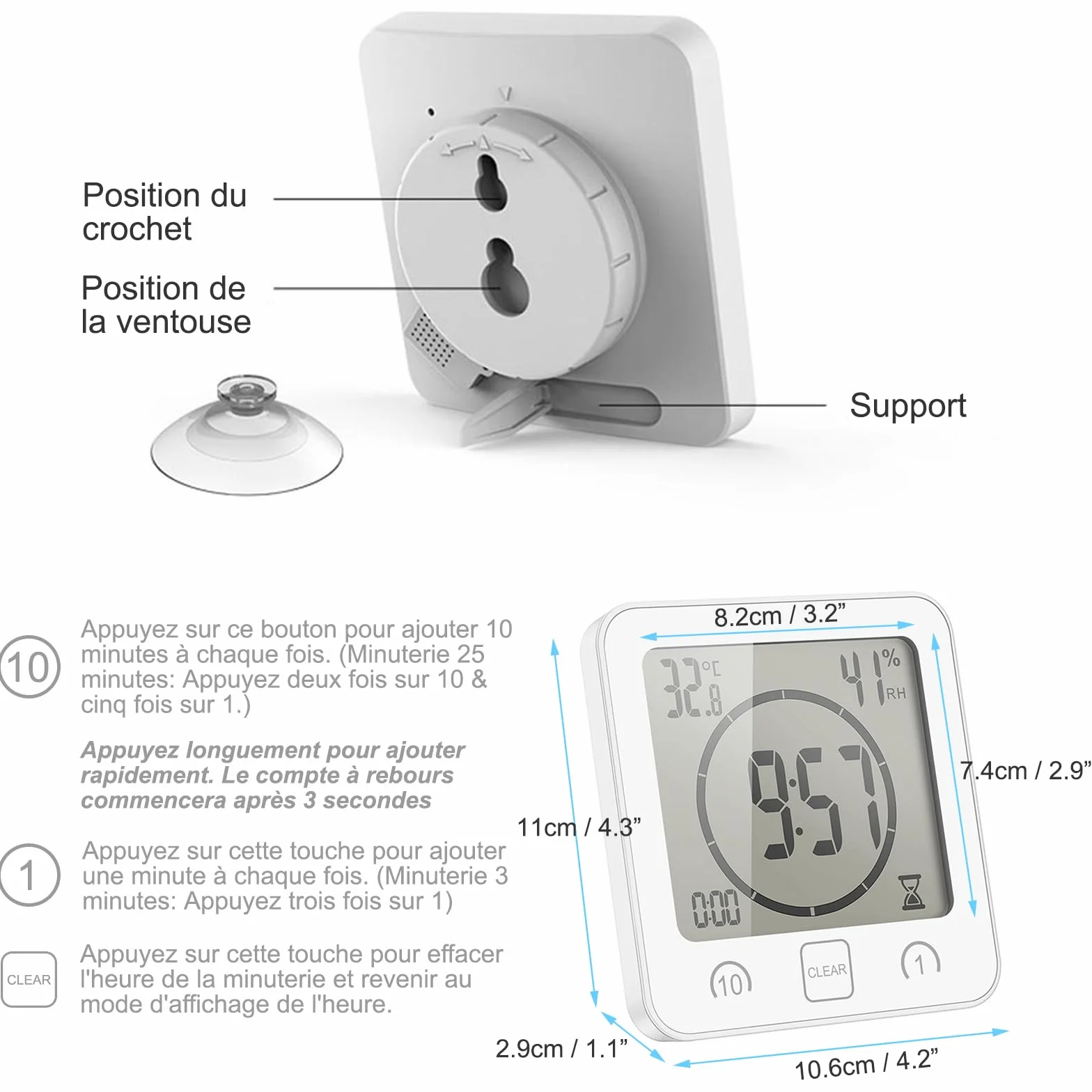 Reloj de Baño Digital con Temperatura Humedad, Alarma Impermeable, Temporizador LCD Control Táctil, Blanco
