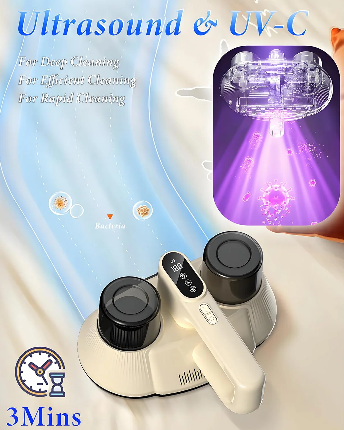 Aspirador de ácaros para colchones, 100 W, portátil, inalámbrico, con doble aspiradora y UV-C y ultrasonido para la limpieza de ropa de cama y sofá