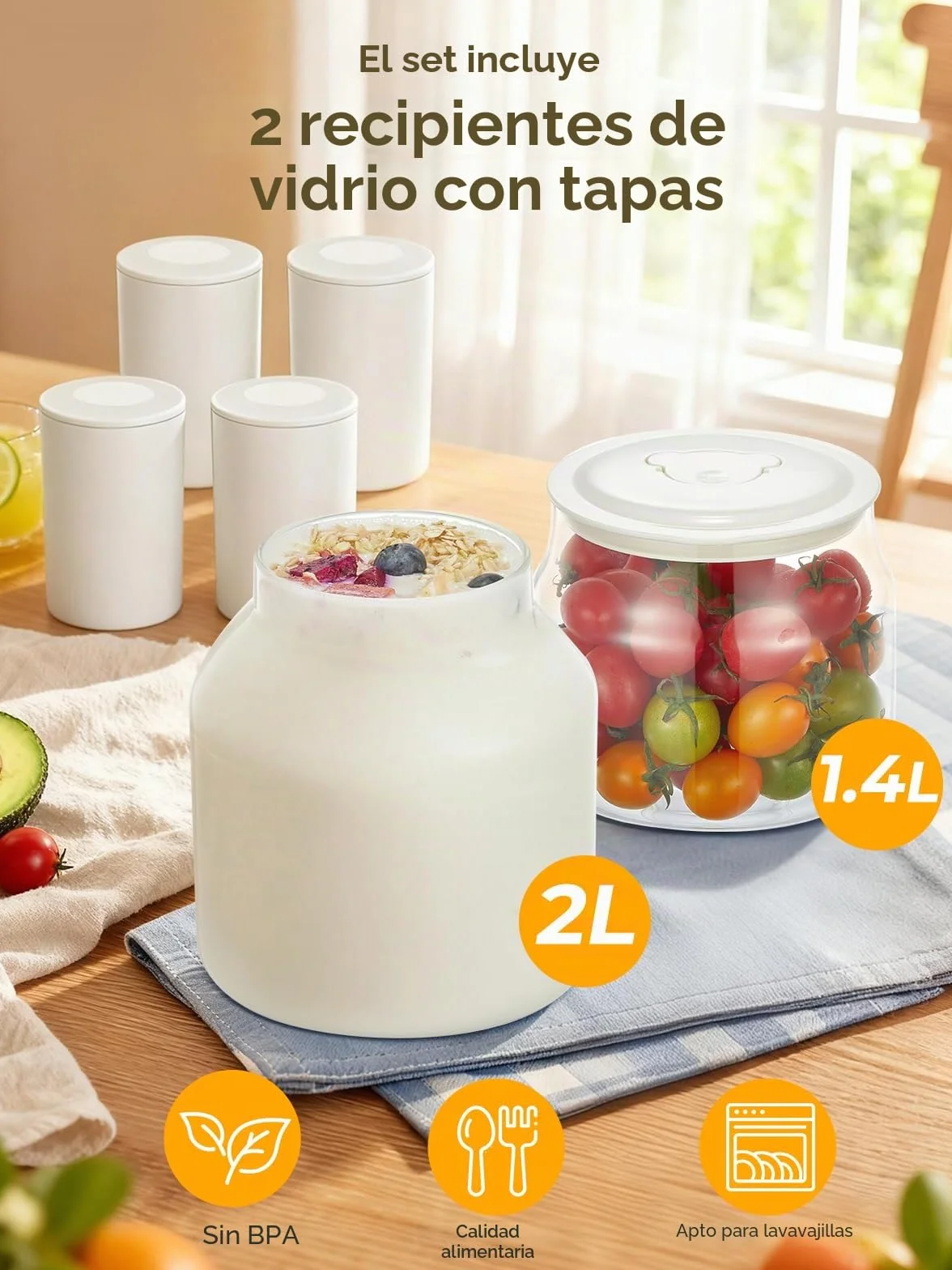 FOHERE Yogurtera con 2 XXL Tarros Capacidad de 2000 ml y 1400 ml, 4 * 125 ml Vasos y Tapa, 8 Programas Preestablecidos, Pantalla LCD, Temporizador, Potencia 20 W, Sin BPA