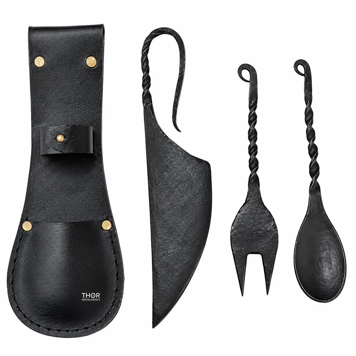 Juego de 3 cubiertos medievales, cuchillo, tenedor, cuchara con funda de cuero, decoración rústica vintage para el hogar, regalos