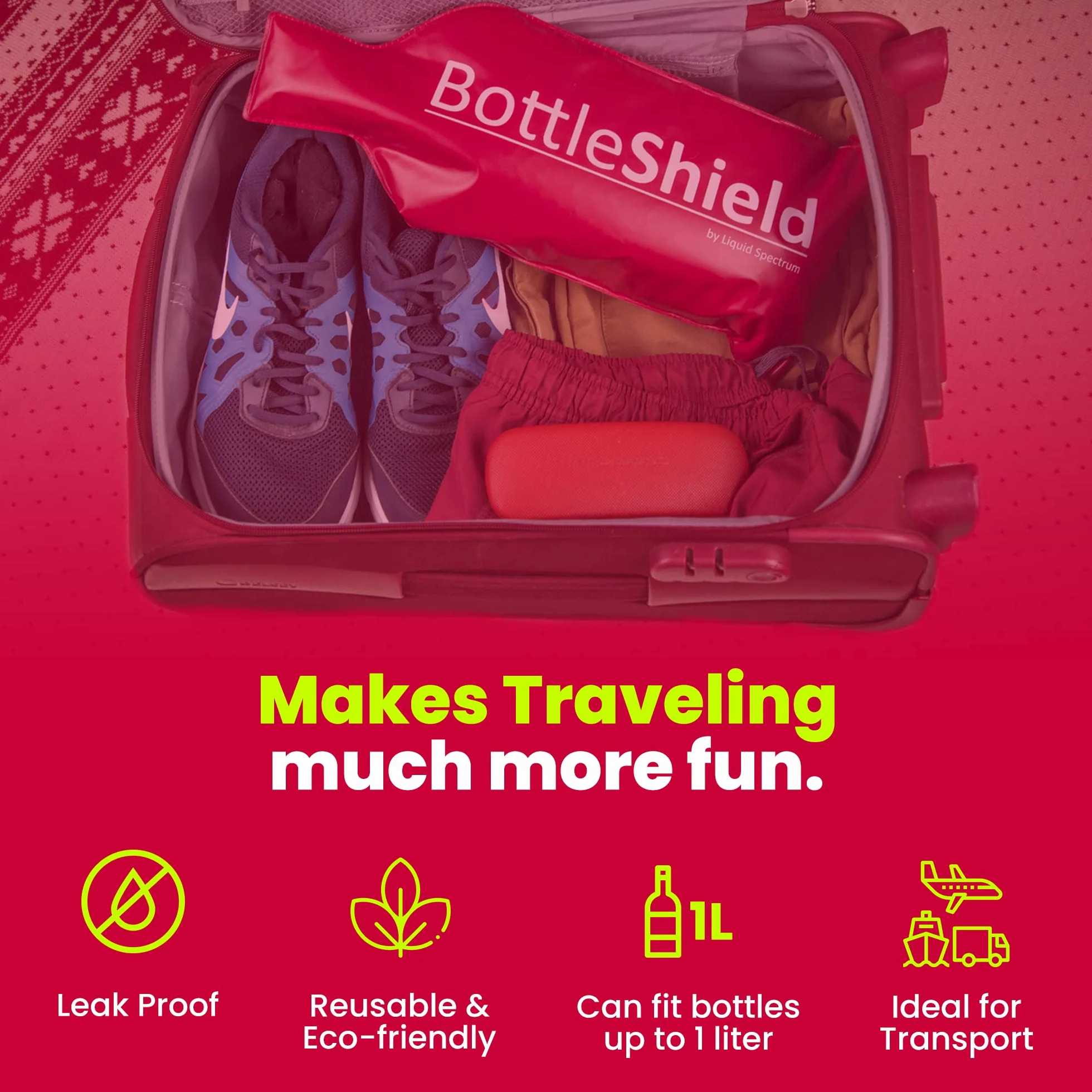 Liquid Spectrum BottleShield - Funda protectora de botella para viajar (juego de 6) reutilizable de doble capa protectora, doble cierre de cremallera con sello a prueba de líquidos, ideal para