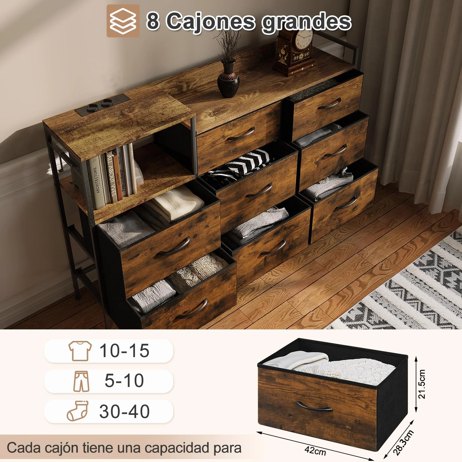 WOLTU Cómoda Dormitorio 8 Cajones de Tela, Estantes de Madera, Armario Comoda de Salon, Cajas Organizadoras, Estructura Metalica, Estilo Industrial, SSK007hov
