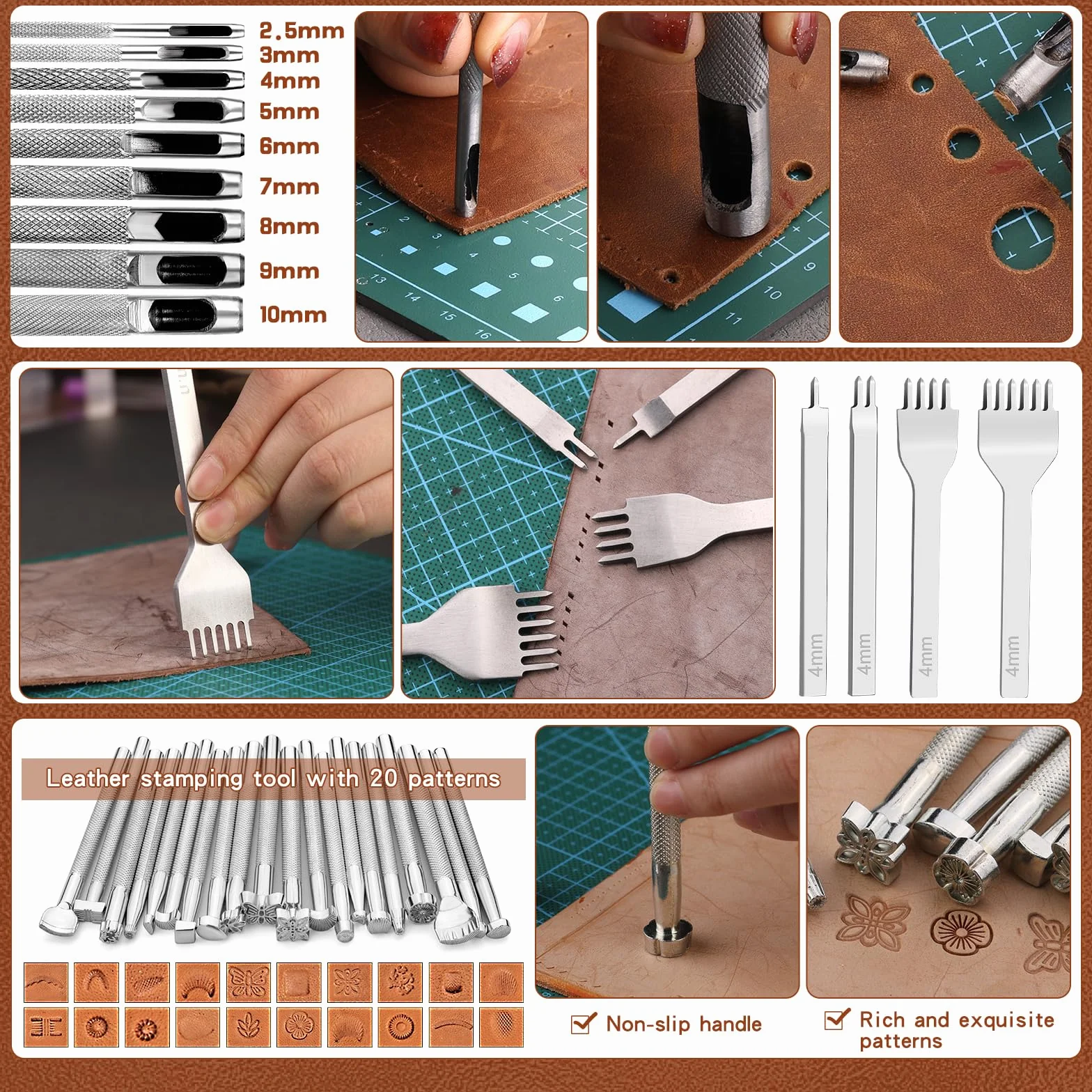TLKKUE Kit de herramientas de cuero, herramientas de artesanía de cuero, kit de trabajo de cuero con alfombrillas de corte de bolso personalizadas, grabado, perforación, costura, estampado,