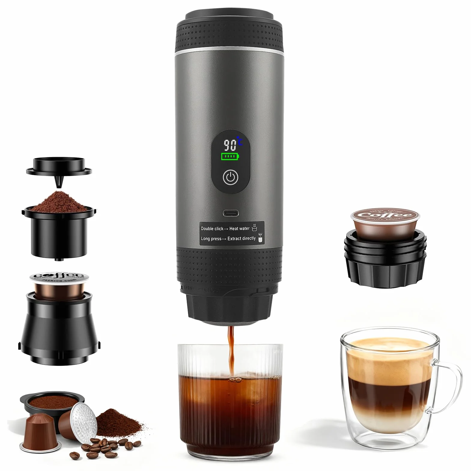 Cafetera portátil 3 en 1 con batería, con autocalentamiento eléctrico a través de USB - C, compatible con cápsulas y café molido, mini cafetera expreso para camping, coche, viaje