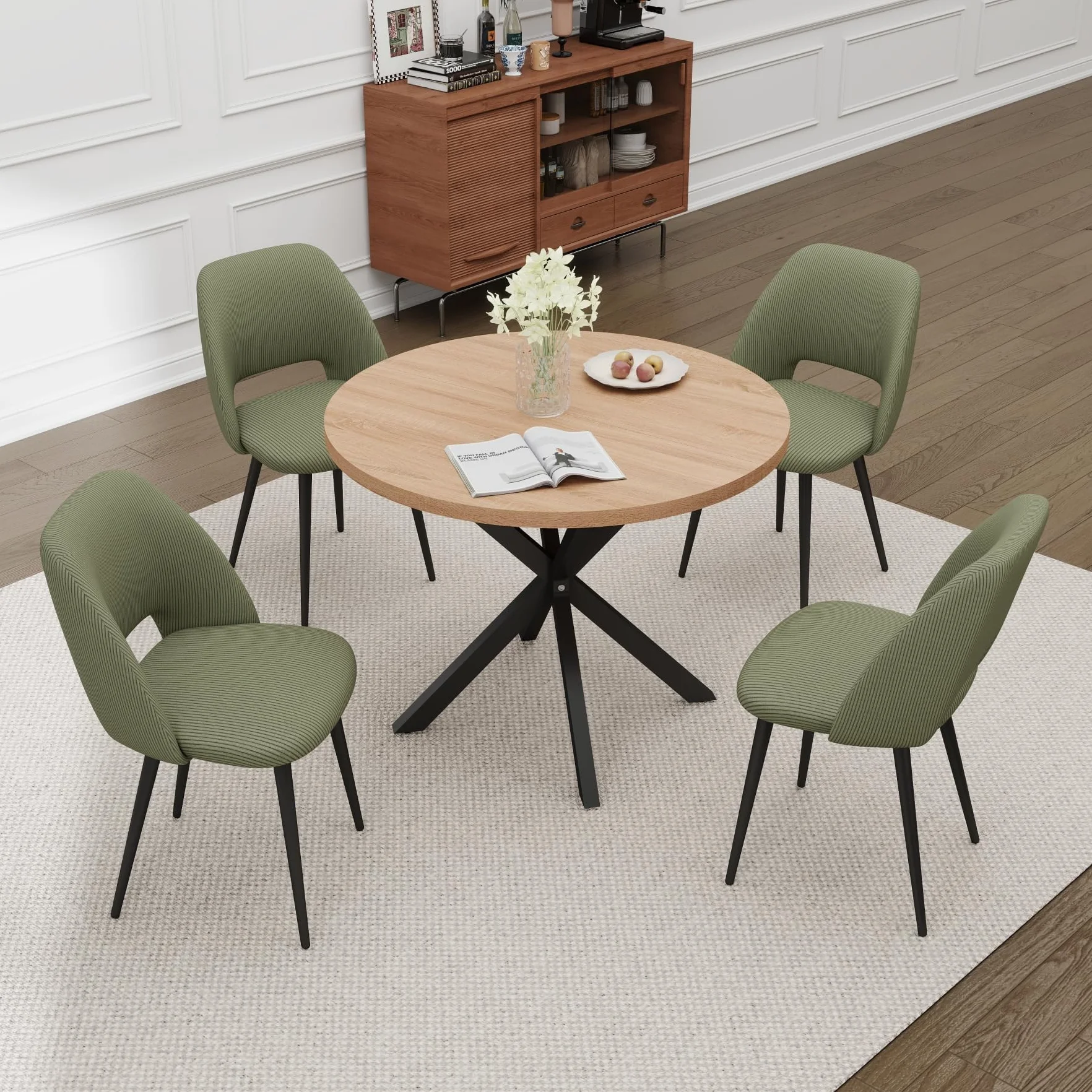 Juego de Mesa y Sillas de Comedor, Mesa de Comedor Redonda de MDF de 100 CM, 4 Sillas de Cocina Tapizadas de Pana,para Comedor, Sala de Estar, Cocina (Claro Color + Verde)