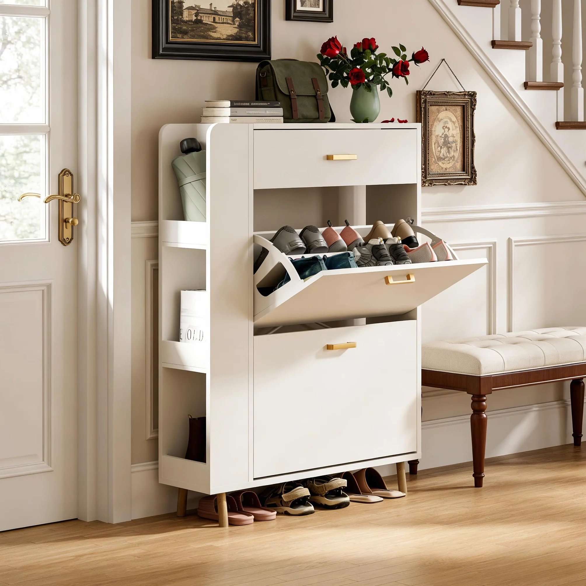 Zapatero 2 Puertas Estrecho Mueble Zapatero con 1 cajón y 3 Compartimentos de Almacenamiento con 4 Patas de Madera Maciza para Sala de Estar, Pasillo de Entrada, 80x24x110cm Blanco
